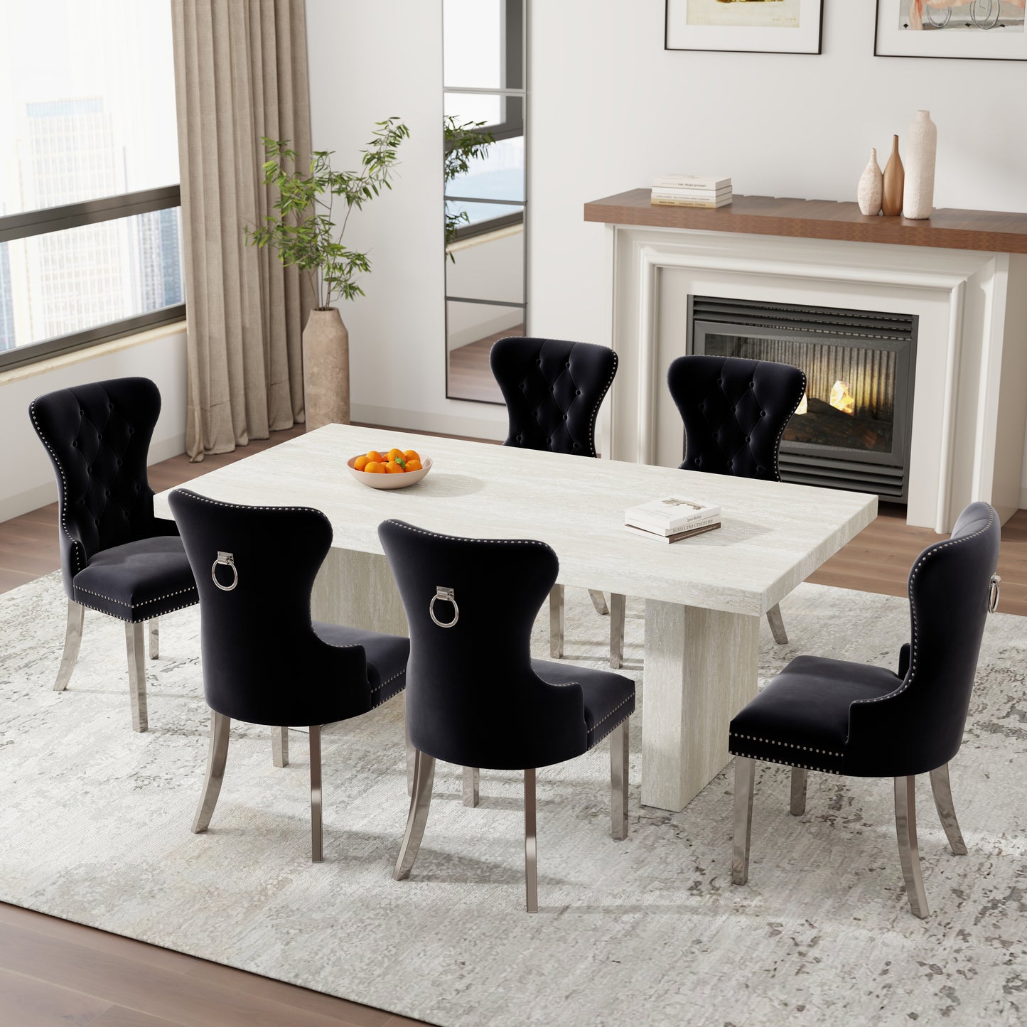 Roundhill Furniture Cavira 7-Piece Modern Dining Set, Faux Marble Dining Table with Four Chairs