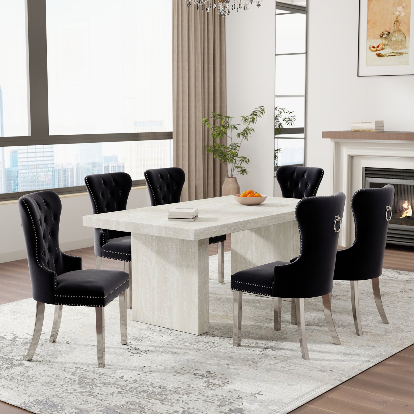 Roundhill Furniture Cavira 7-Piece Modern Dining Set, Faux Marble Dining Table with Four Chairs