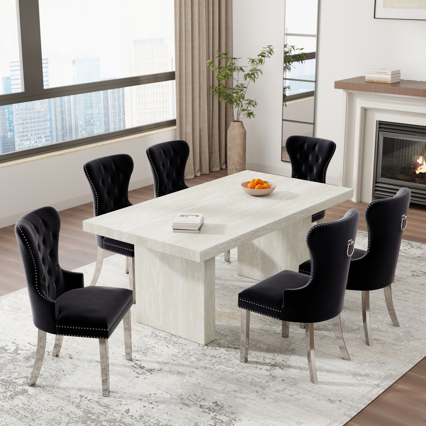 Roundhill Furniture Cavira 7-Piece Modern Dining Set, Faux Marble Dining Table with Four Chairs