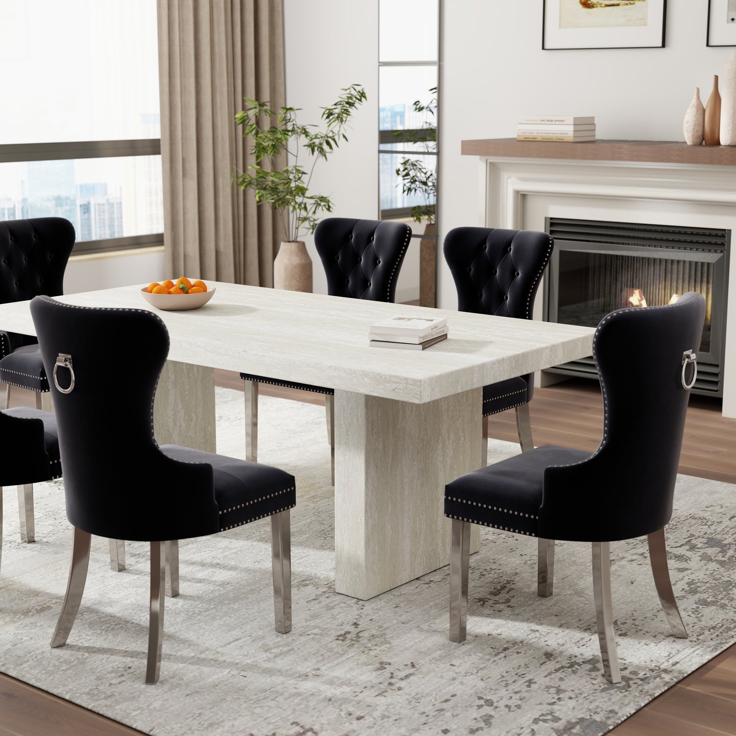 Roundhill Furniture Cavira 7-Piece Modern Dining Set, Faux Marble Dining Table with Four Chairs