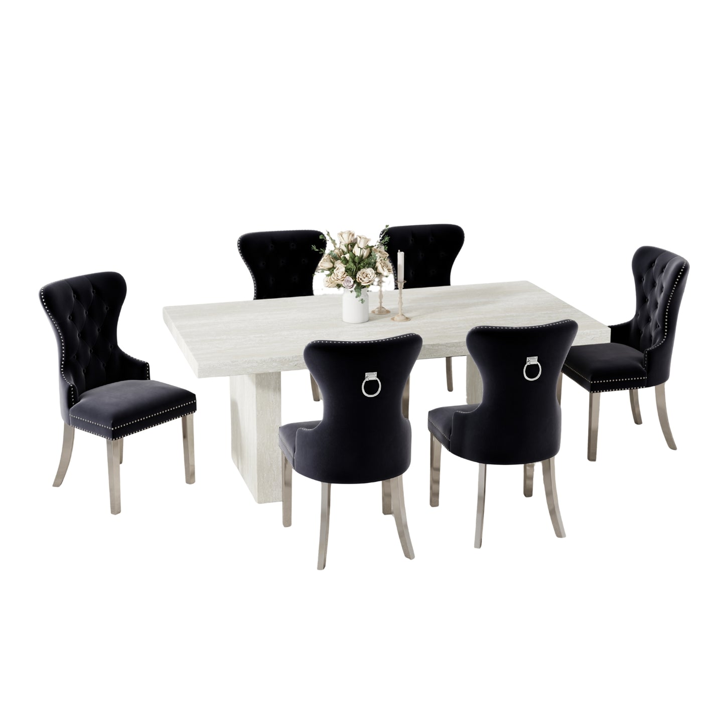 Roundhill Furniture Cavira 7-Piece Modern Dining Set, Faux Marble Dining Table with Four Chairs