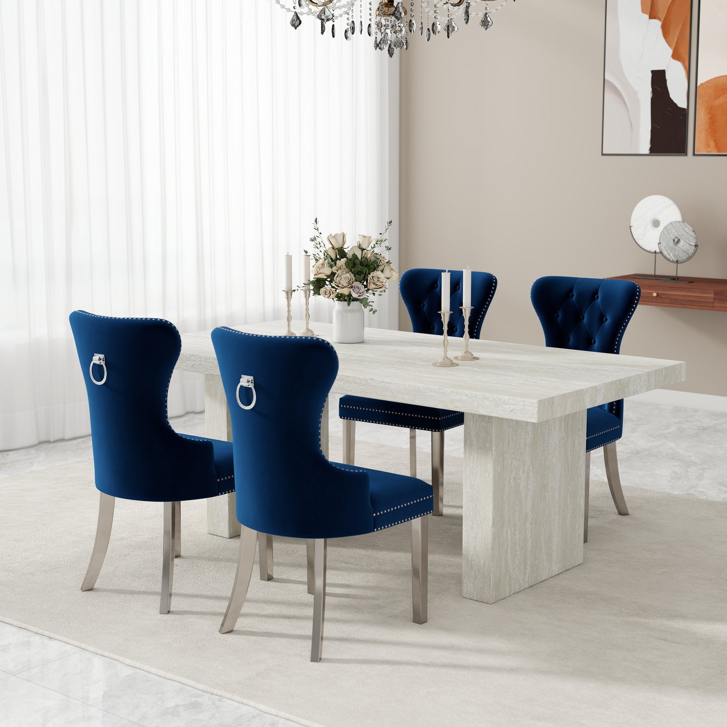 Roundhill Furniture Cavira 5-Piece Modern Dining Set, Faux Marble Dining Table with Four Chairs