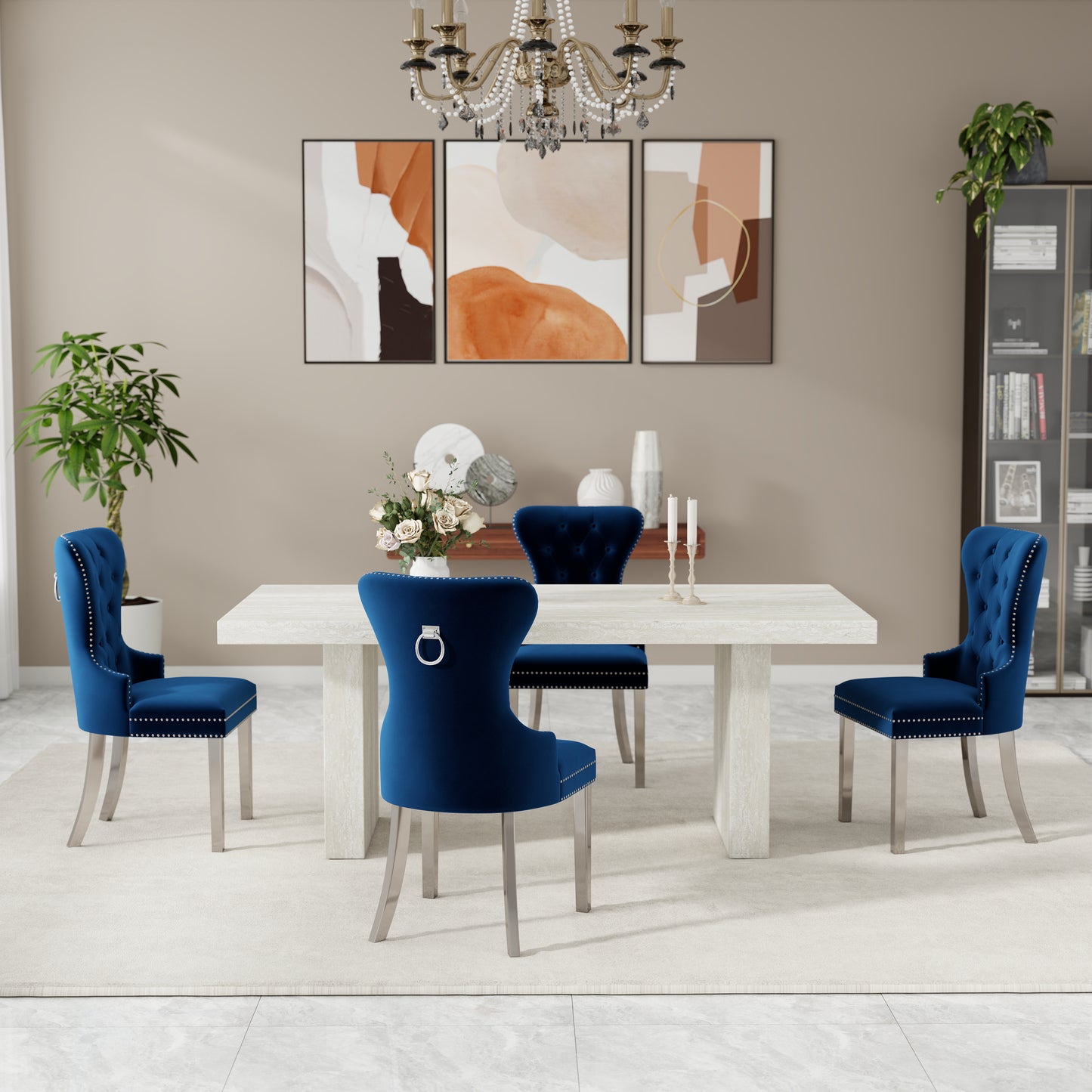 Roundhill Furniture Cavira 5-Piece Modern Dining Set, Faux Marble Dining Table with Four Chairs