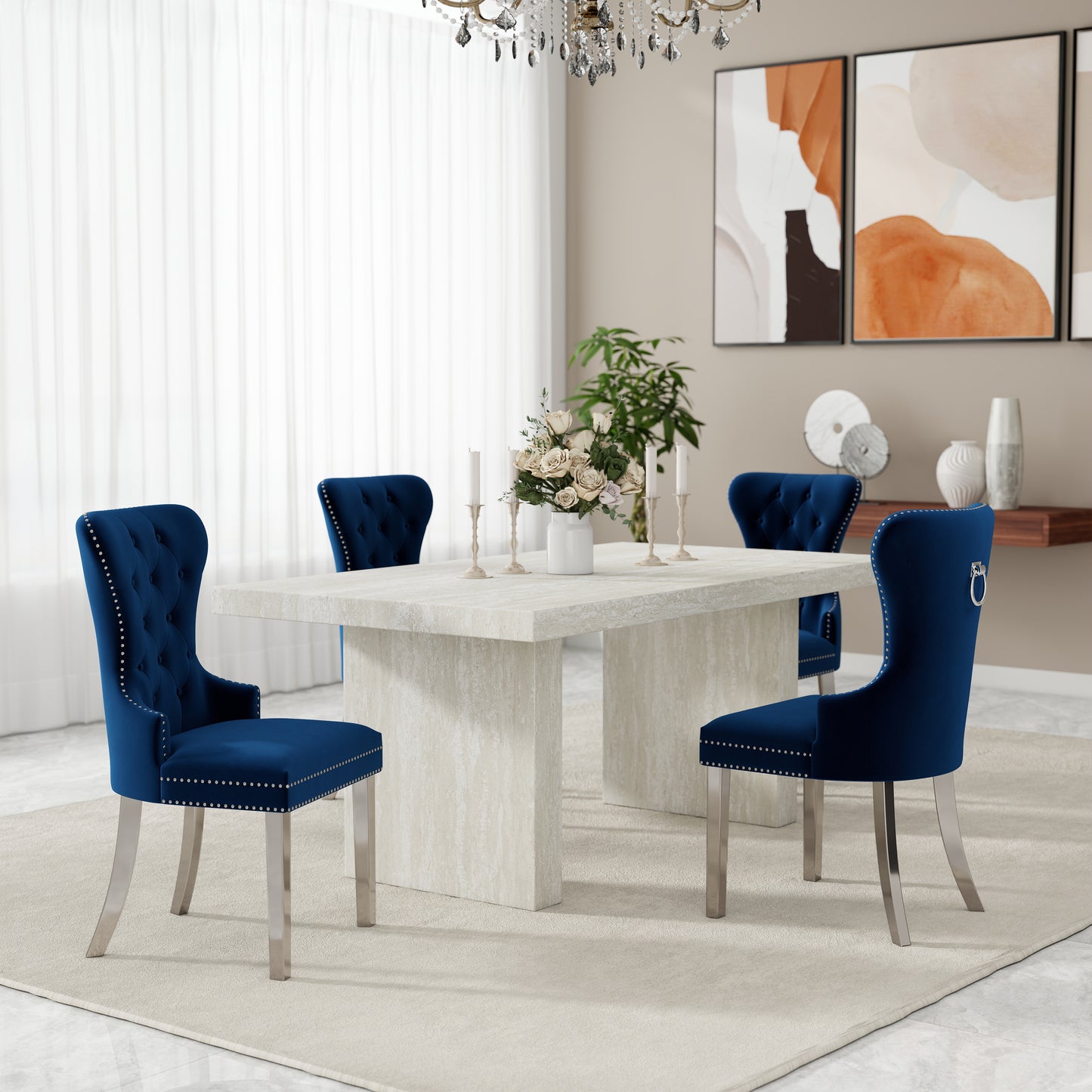 Roundhill Furniture Cavira 5-Piece Modern Dining Set, Faux Marble Dining Table with Four Chairs