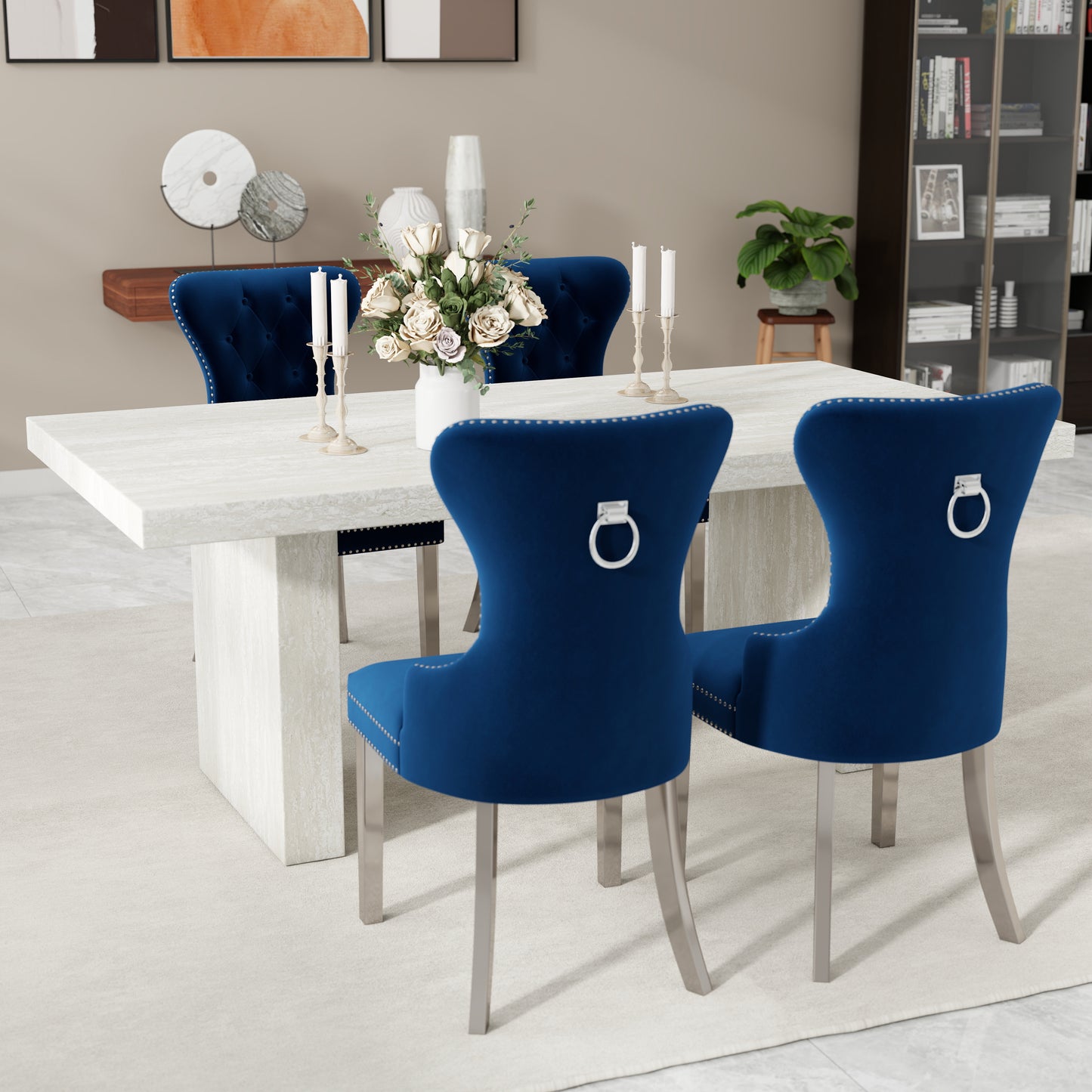Roundhill Furniture Cavira 5-Piece Modern Dining Set, Faux Marble Dining Table with Four Chairs