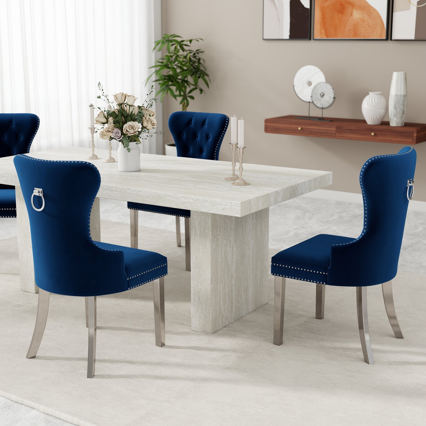 Roundhill Furniture Cavira 5-Piece Modern Dining Set, Faux Marble Dining Table with Four Chairs