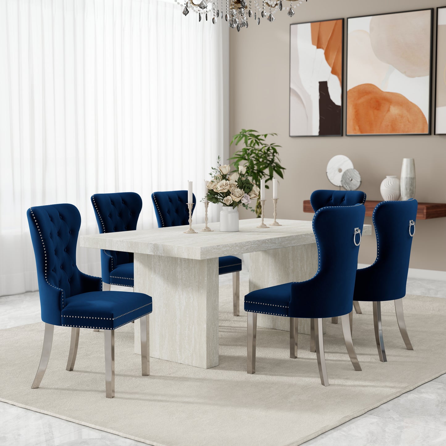 Roundhill Furniture Cavira 7-Piece Modern Dining Set, Faux Marble Dining Table with Four Chairs