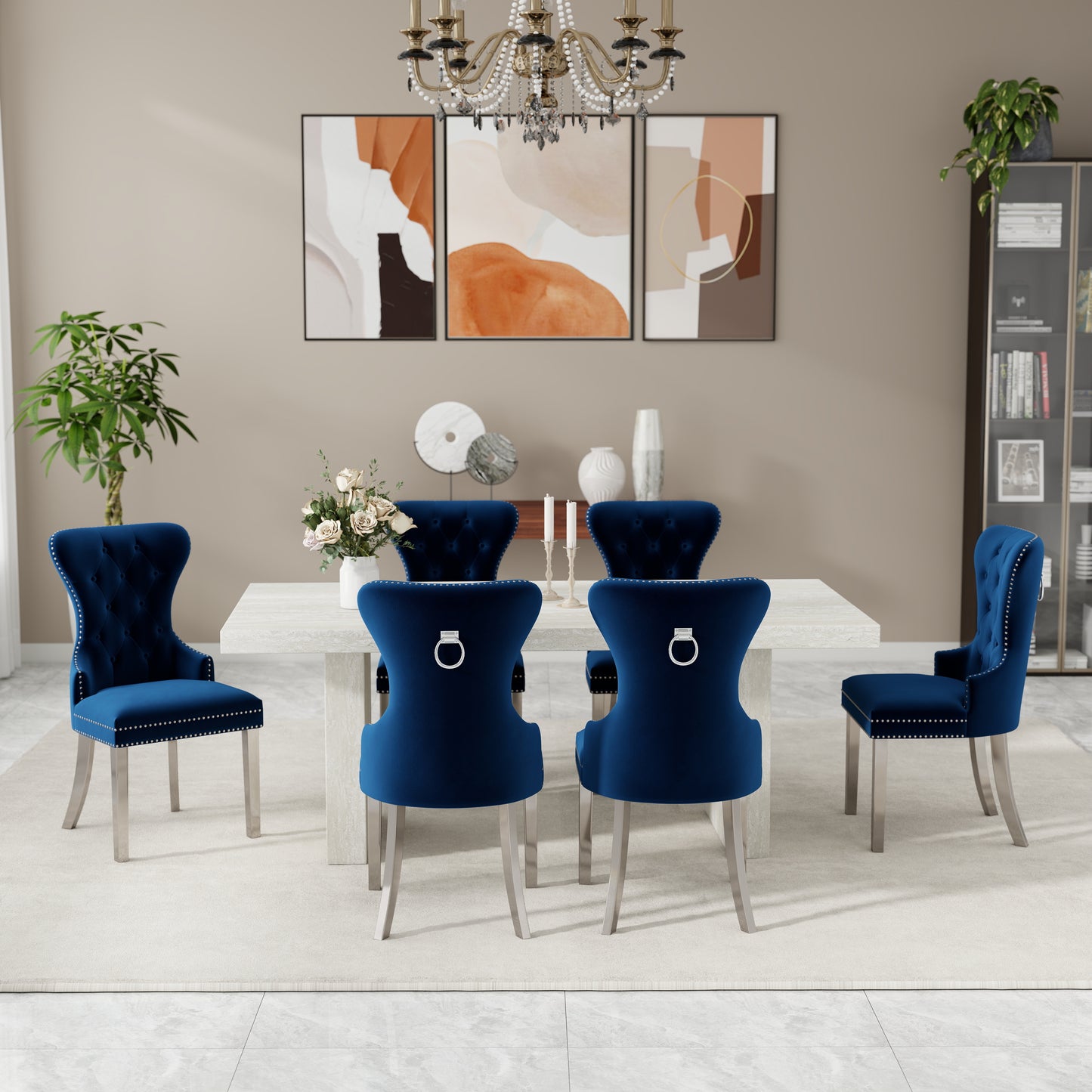 Roundhill Furniture Cavira 7-Piece Modern Dining Set, Faux Marble Dining Table with Four Chairs