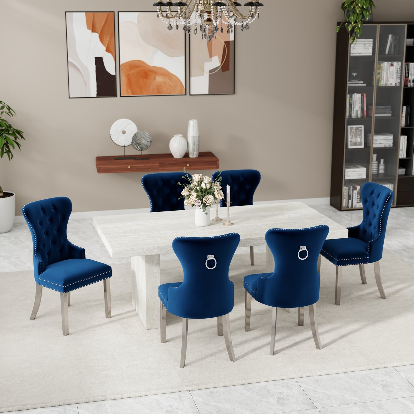 Roundhill Furniture Cavira 7-Piece Modern Dining Set, Faux Marble Dining Table with Four Chairs