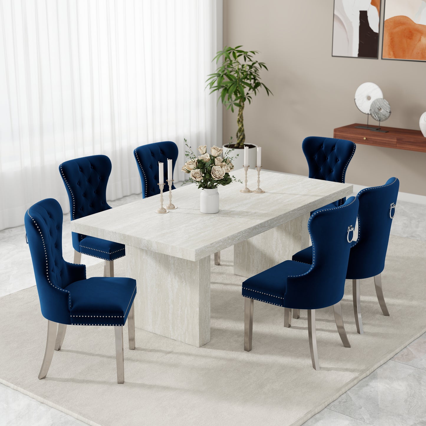 Roundhill Furniture Cavira 7-Piece Modern Dining Set, Faux Marble Dining Table with Four Chairs