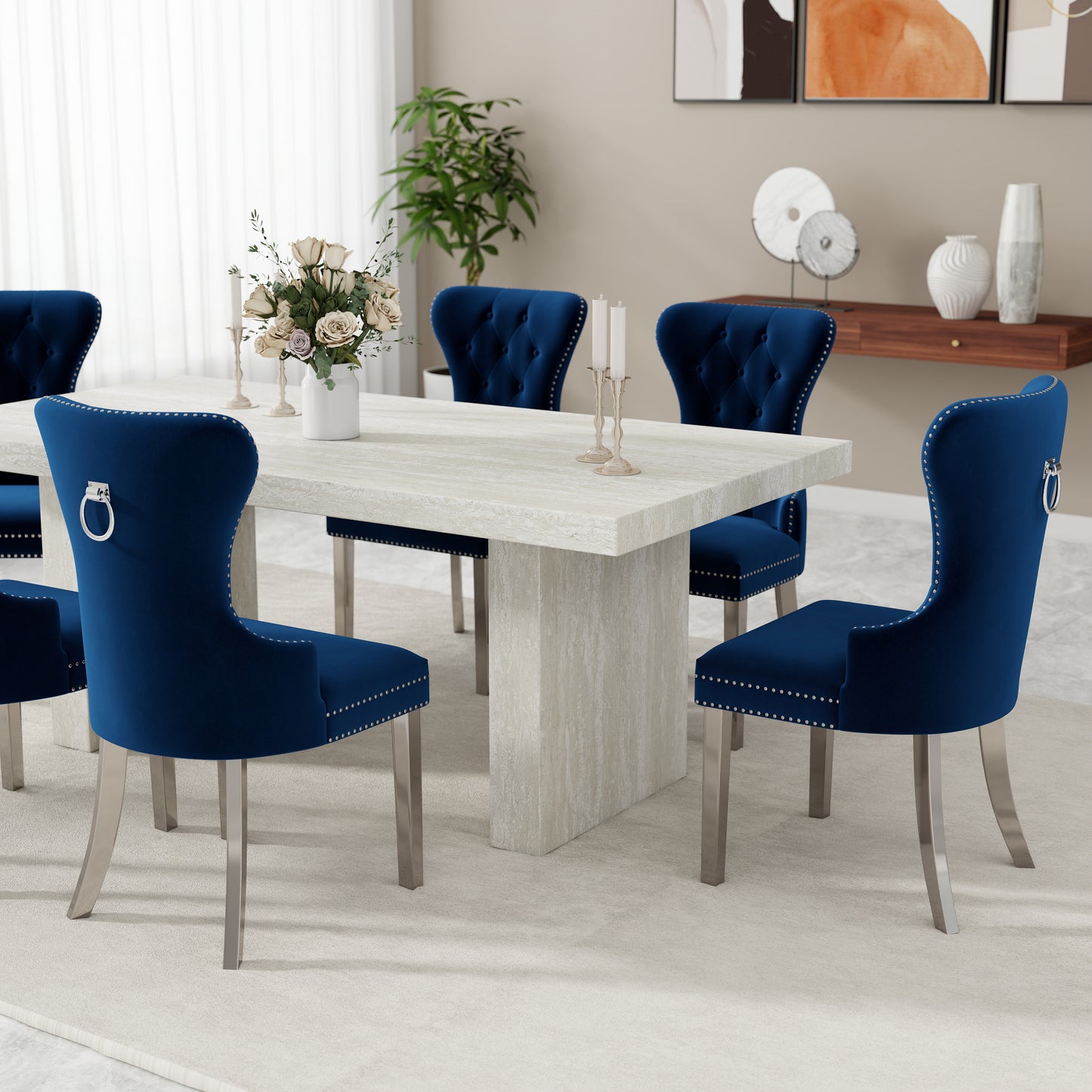 Roundhill Furniture Cavira 7-Piece Modern Dining Set, Faux Marble Dining Table with Four Chairs