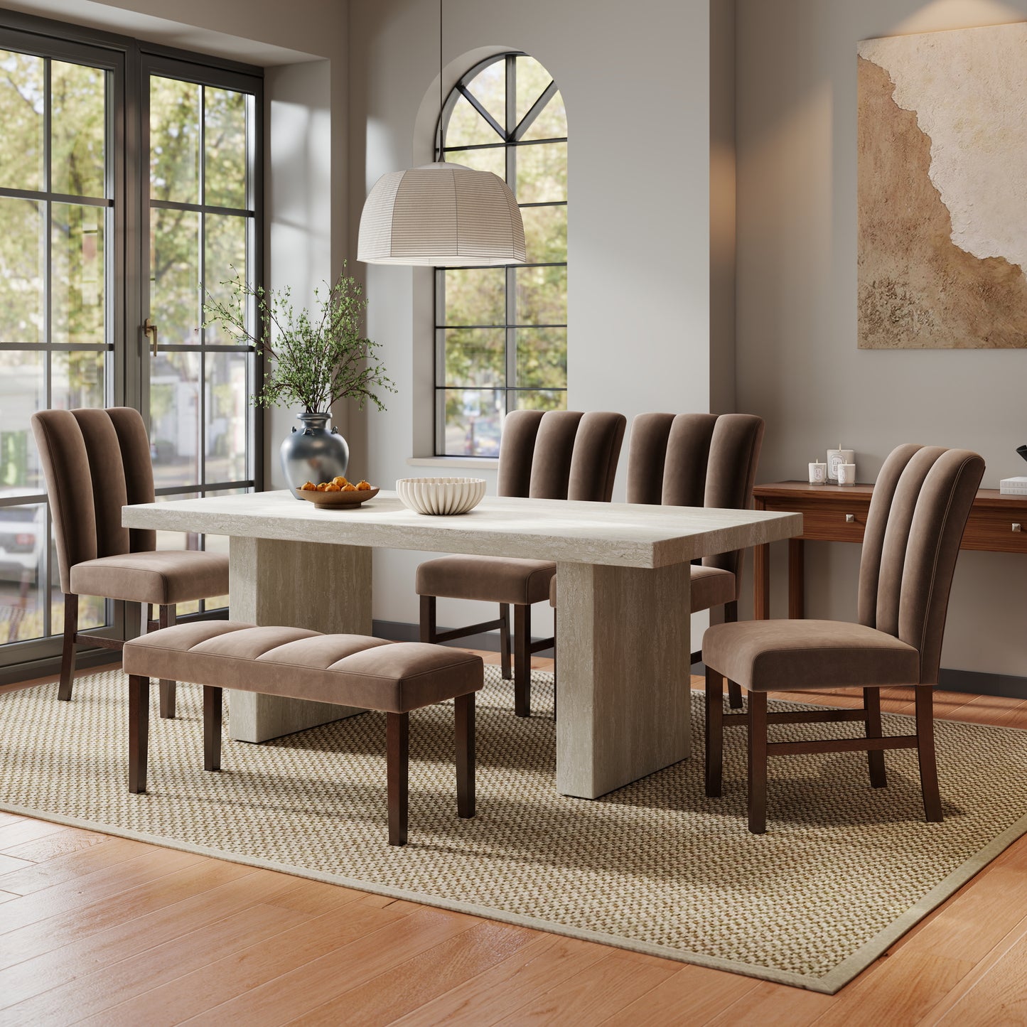 Roundhill Furniture Cavira 6-Piece Modern Dining Set, Faux Marble Dining Table with 4 Chairs and Bench, Chocolate