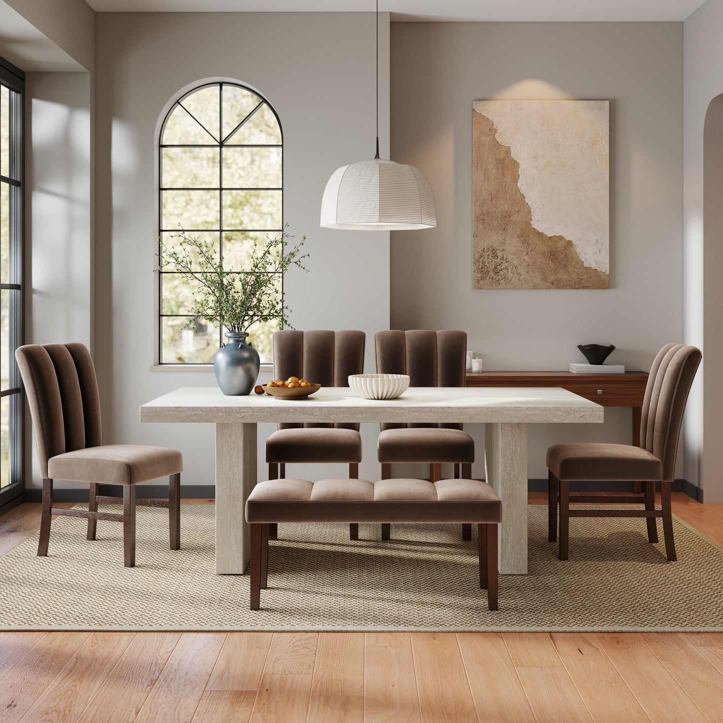 Roundhill Furniture Cavira 6-Piece Modern Dining Set, Faux Marble Dining Table with 4 Chairs and Bench, Chocolate