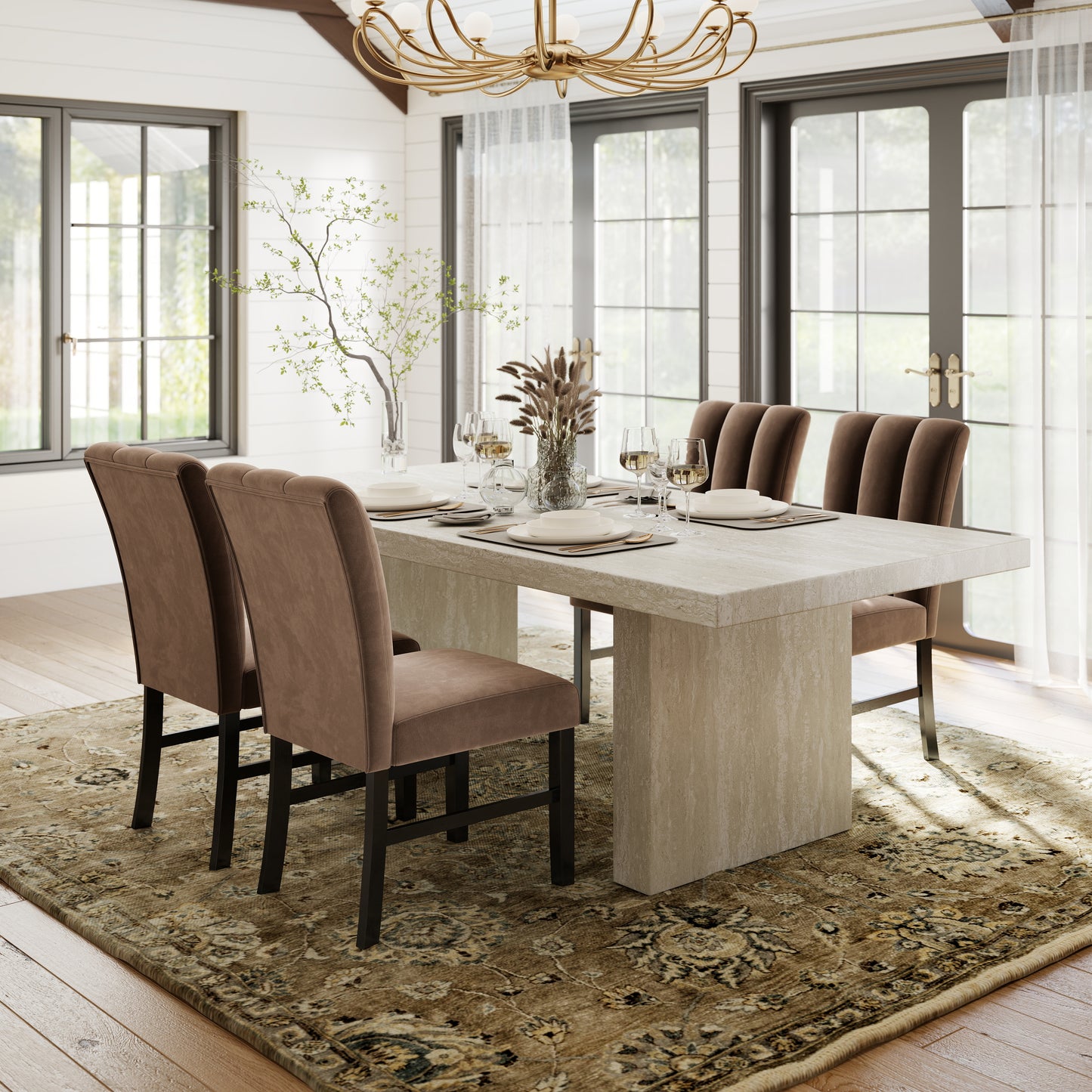 Roundhill Furniture Cavira 6-Piece Modern Dining Set, Faux Marble Dining Table with 4 Chairs and Bench, Chocolate