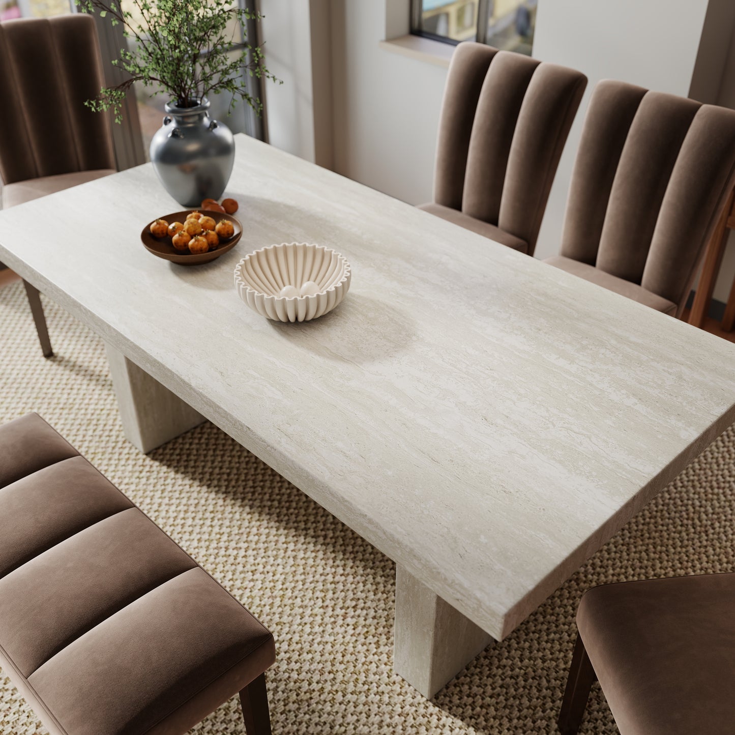 Roundhill Furniture Cavira 6-Piece Modern Dining Set, Faux Marble Dining Table with 4 Chairs and Bench, Chocolate
