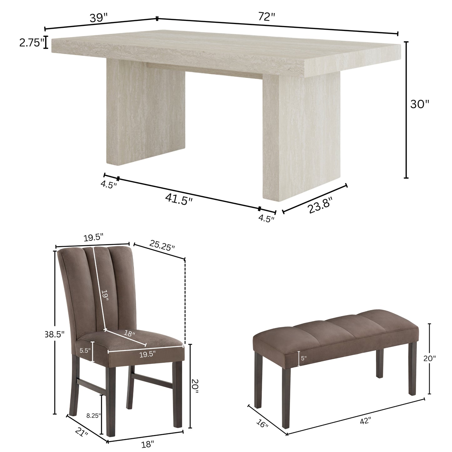 Roundhill Furniture Cavira 6-Piece Modern Dining Set, Faux Marble Dining Table with 4 Chairs and Bench, Chocolate