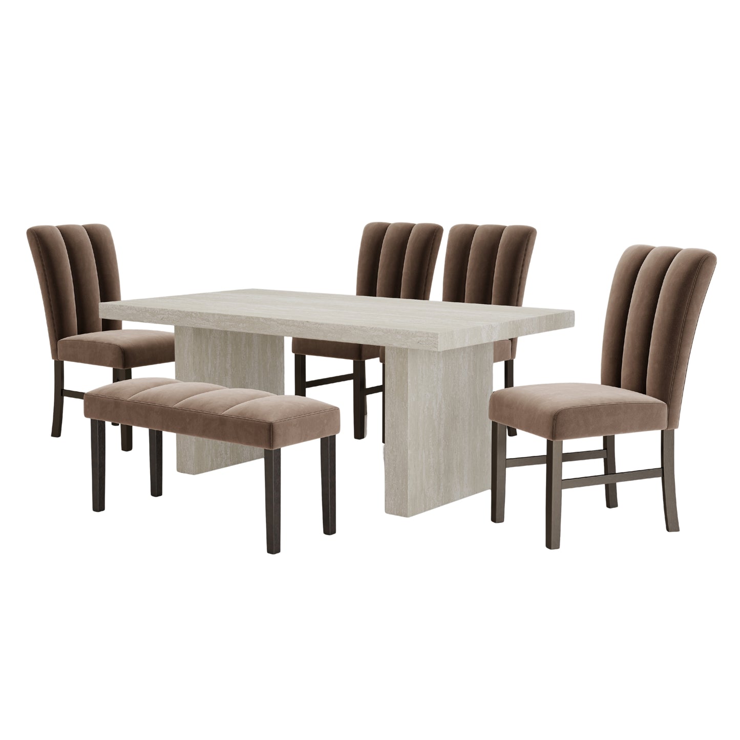 Roundhill Furniture Cavira 6-Piece Modern Dining Set, Faux Marble Dining Table with 4 Chairs and Bench, Chocolate