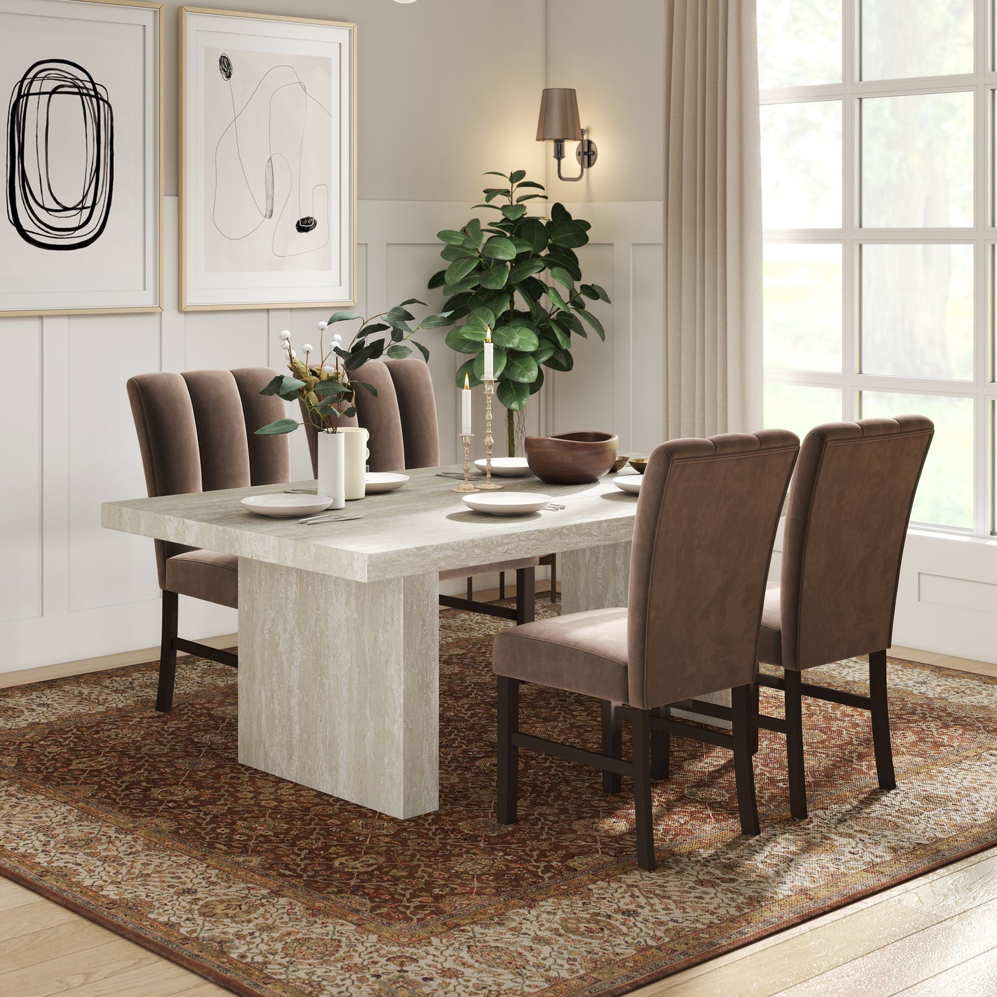 Roundhill Furniture Cavira 5-Piece Modern Dining Set, Faux Marble Dining Table with 4 Chairs, Chocolate