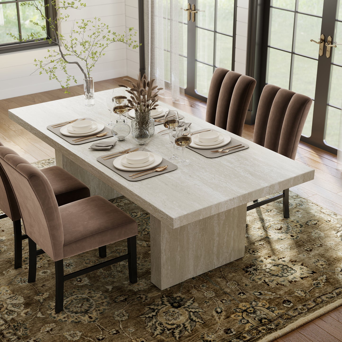 Roundhill Furniture Cavira 5-Piece Modern Dining Set, Faux Marble Dining Table with 4 Chairs, Chocolate
