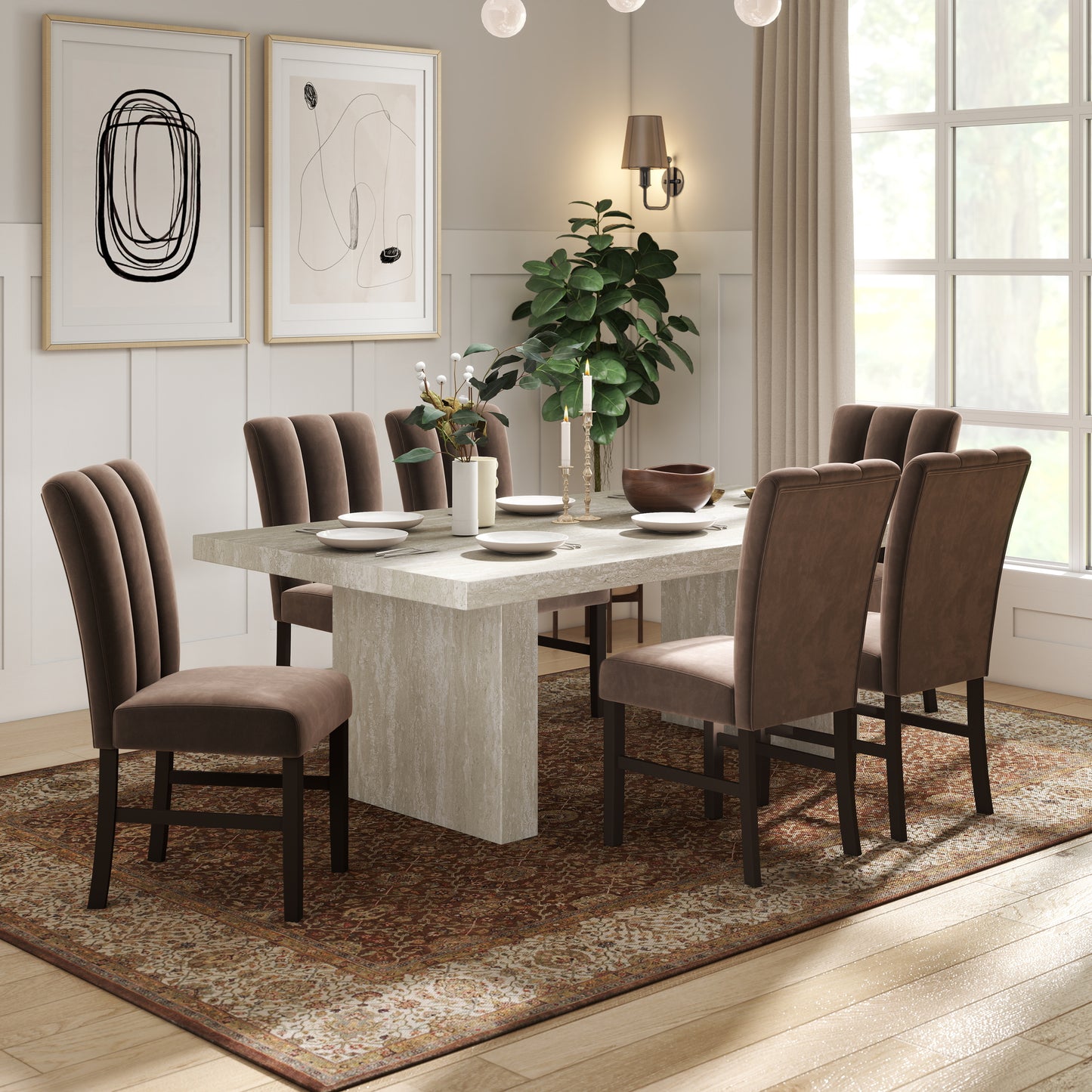 Roundhill Furniture Cavira 7-Piece Modern Dining Set, Faux Marble Dining Table with 6 Chairs, Chocolate