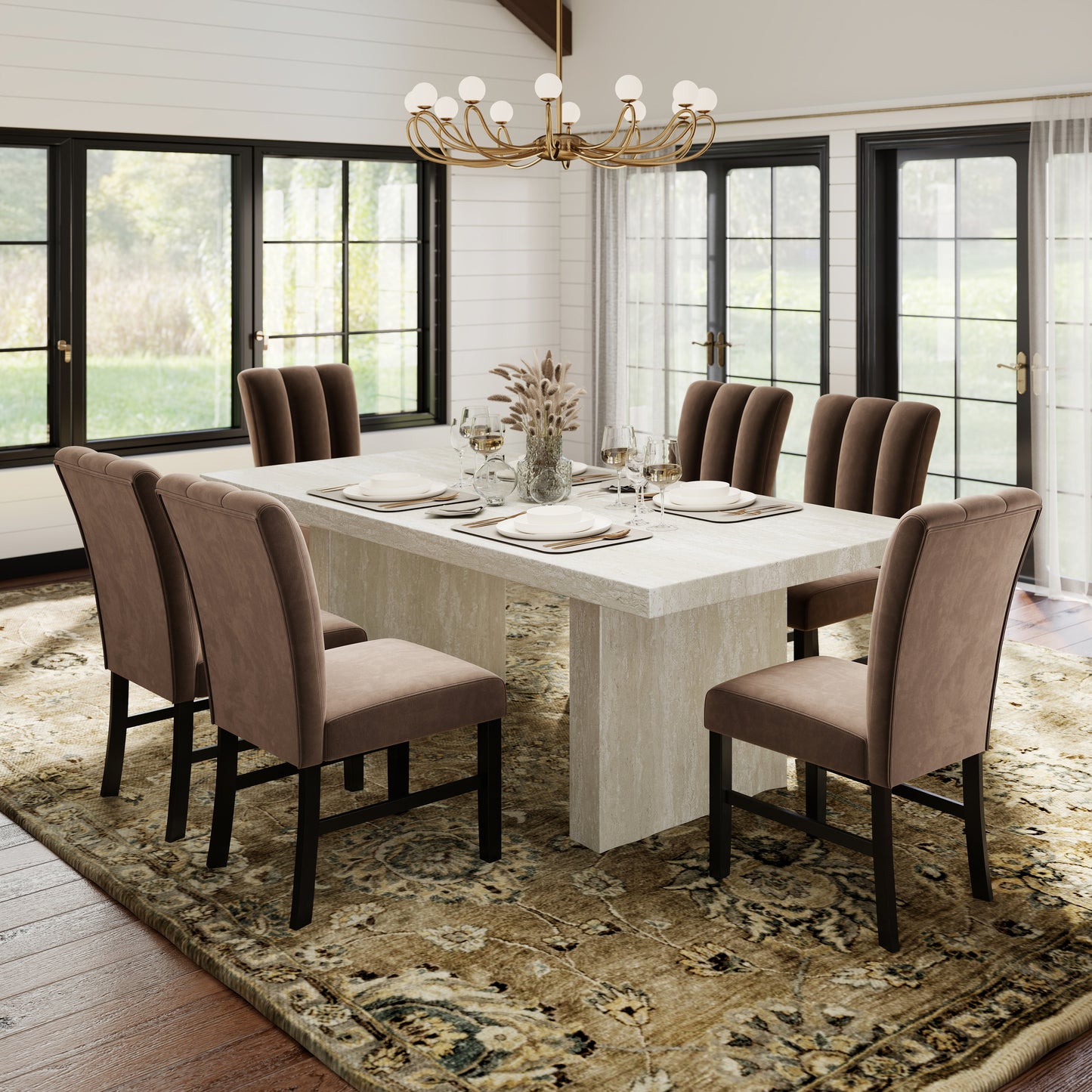 Roundhill Furniture Cavira 7-Piece Modern Dining Set, Faux Marble Dining Table with 6 Chairs, Chocolate
