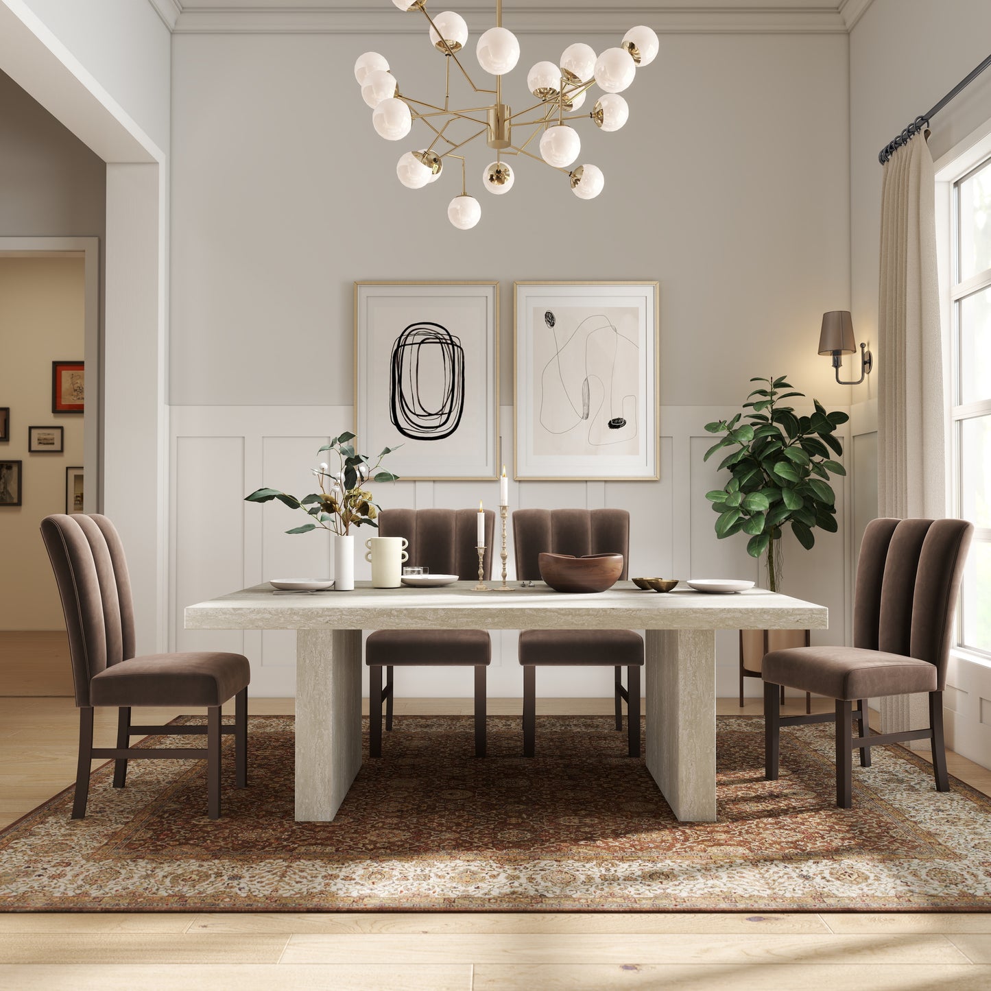 Roundhill Furniture Cavira 7-Piece Modern Dining Set, Faux Marble Dining Table with 6 Chairs, Chocolate