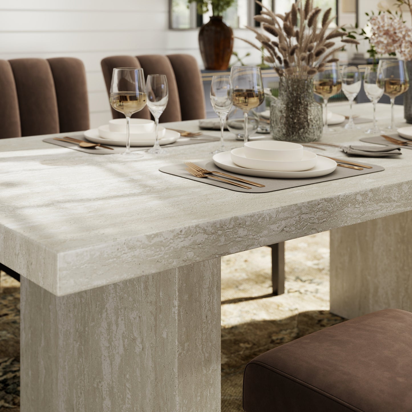 Roundhill Furniture Cavira 7-Piece Modern Dining Set, Faux Marble Dining Table with 6 Chairs, Chocolate