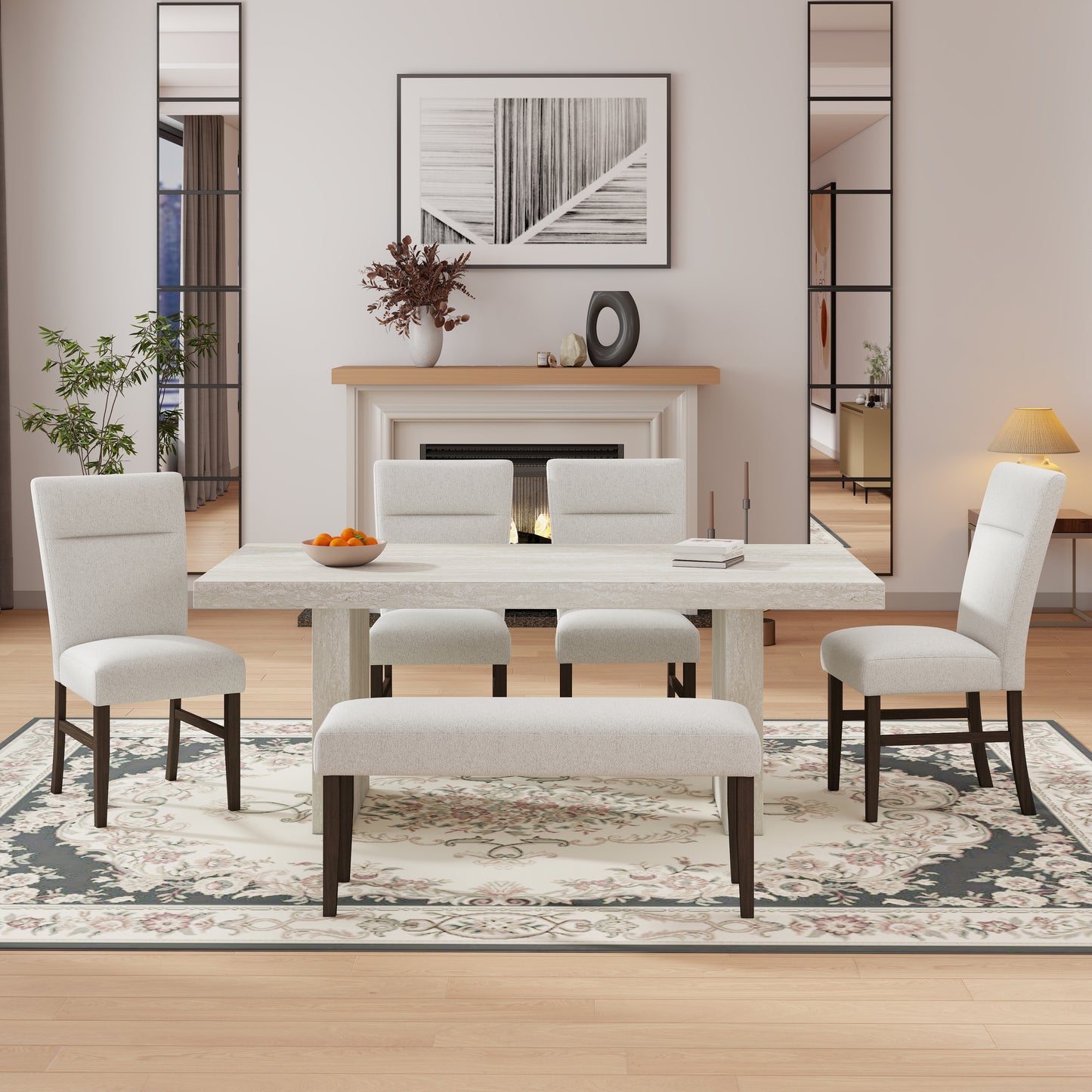 Roundhill Furniture Cavira 6-Piece Modern Dining Set, Faux Marble Dining Table with 4 Chairs and Bench, Gray