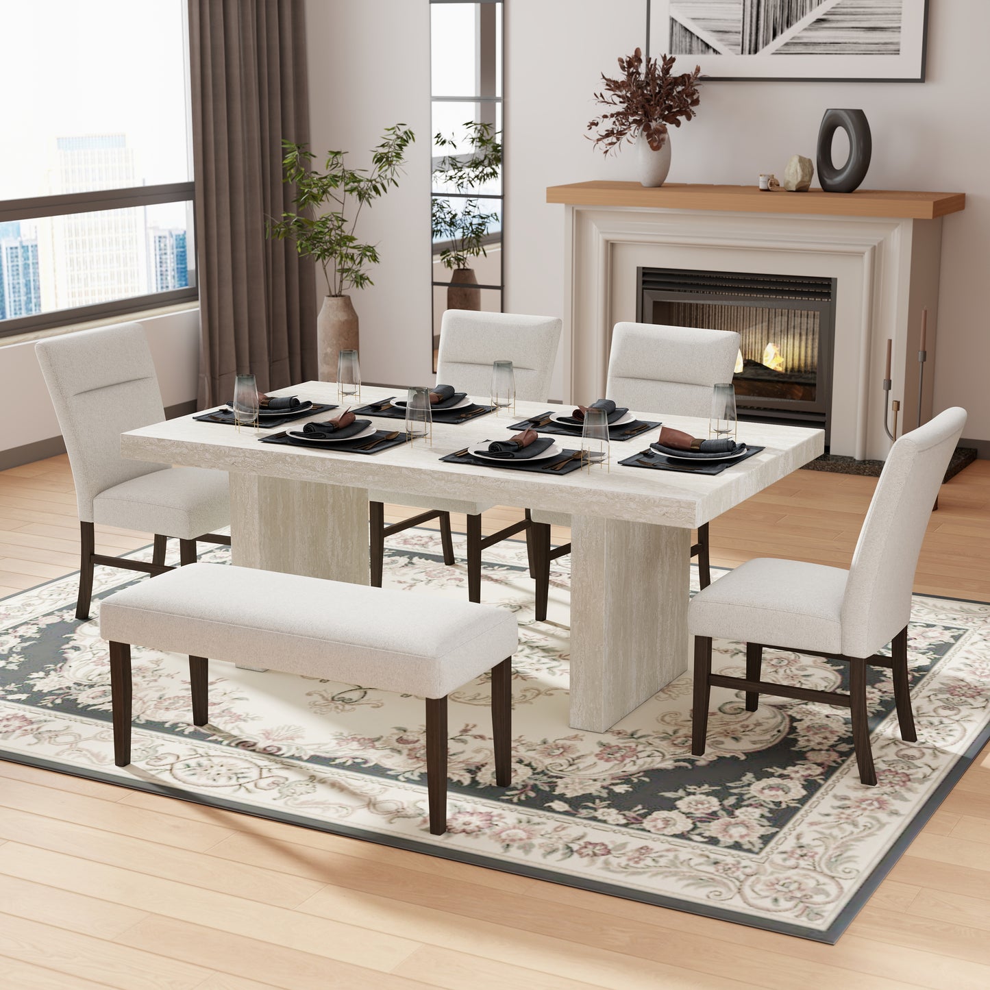 Roundhill Furniture Cavira 6-Piece Modern Dining Set, Faux Marble Dining Table with 4 Chairs and Bench, Gray