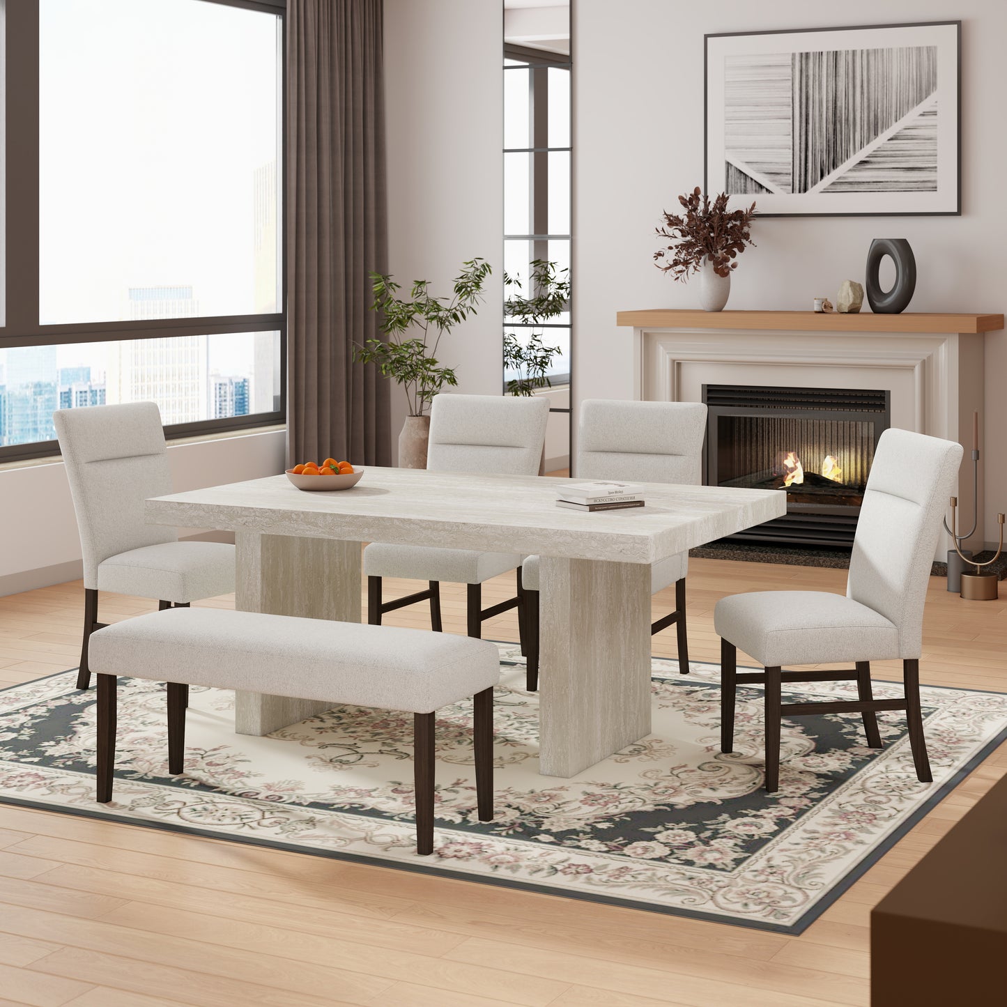 Roundhill Furniture Cavira 6-Piece Modern Dining Set, Faux Marble Dining Table with 4 Chairs and Bench, Gray