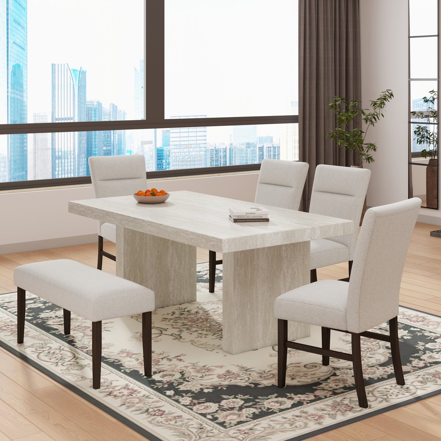 Roundhill Furniture Cavira 6-Piece Modern Dining Set, Faux Marble Dining Table with 4 Chairs and Bench, Gray