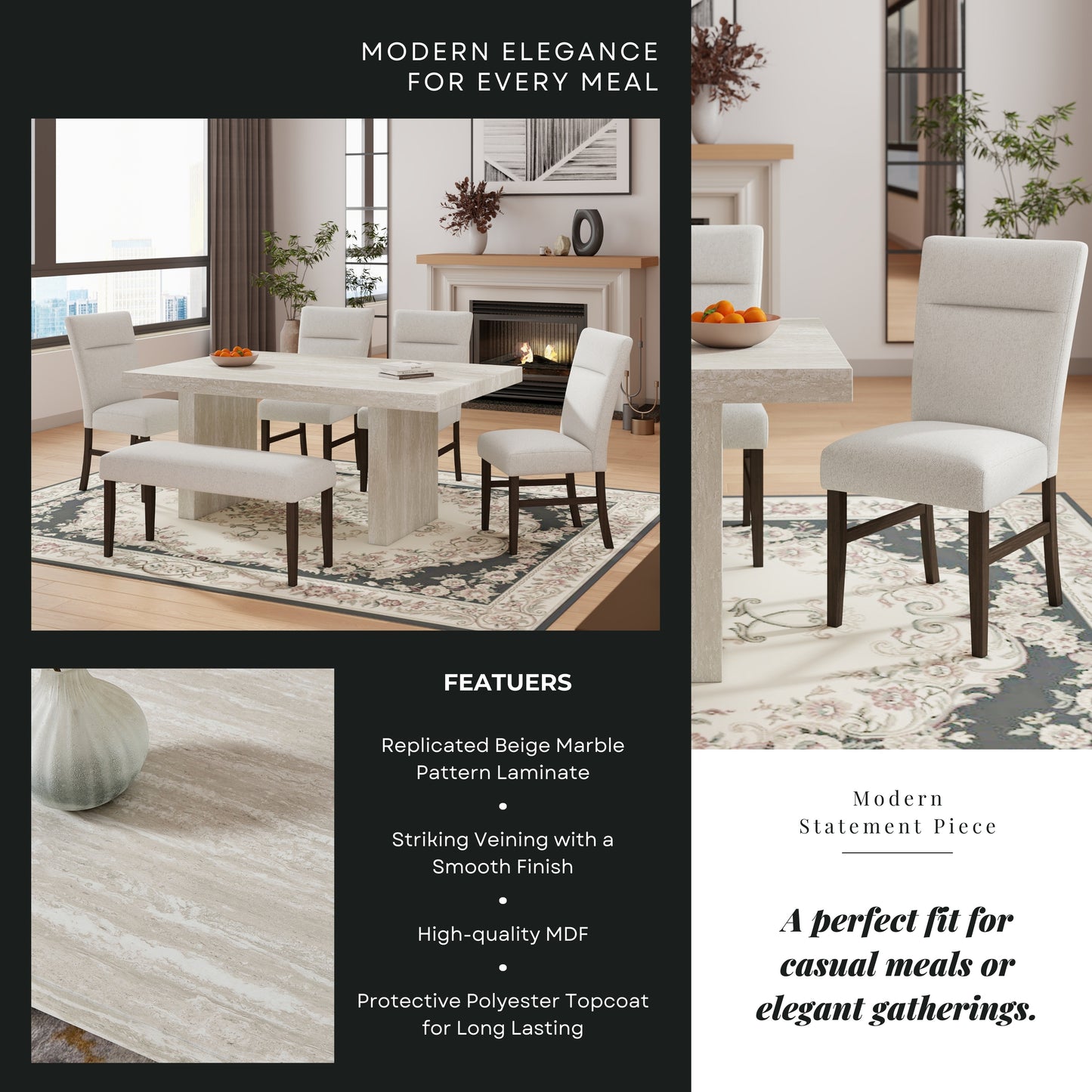 Roundhill Furniture Cavira 6-Piece Modern Dining Set, Faux Marble Dining Table with 4 Chairs and Bench, Gray