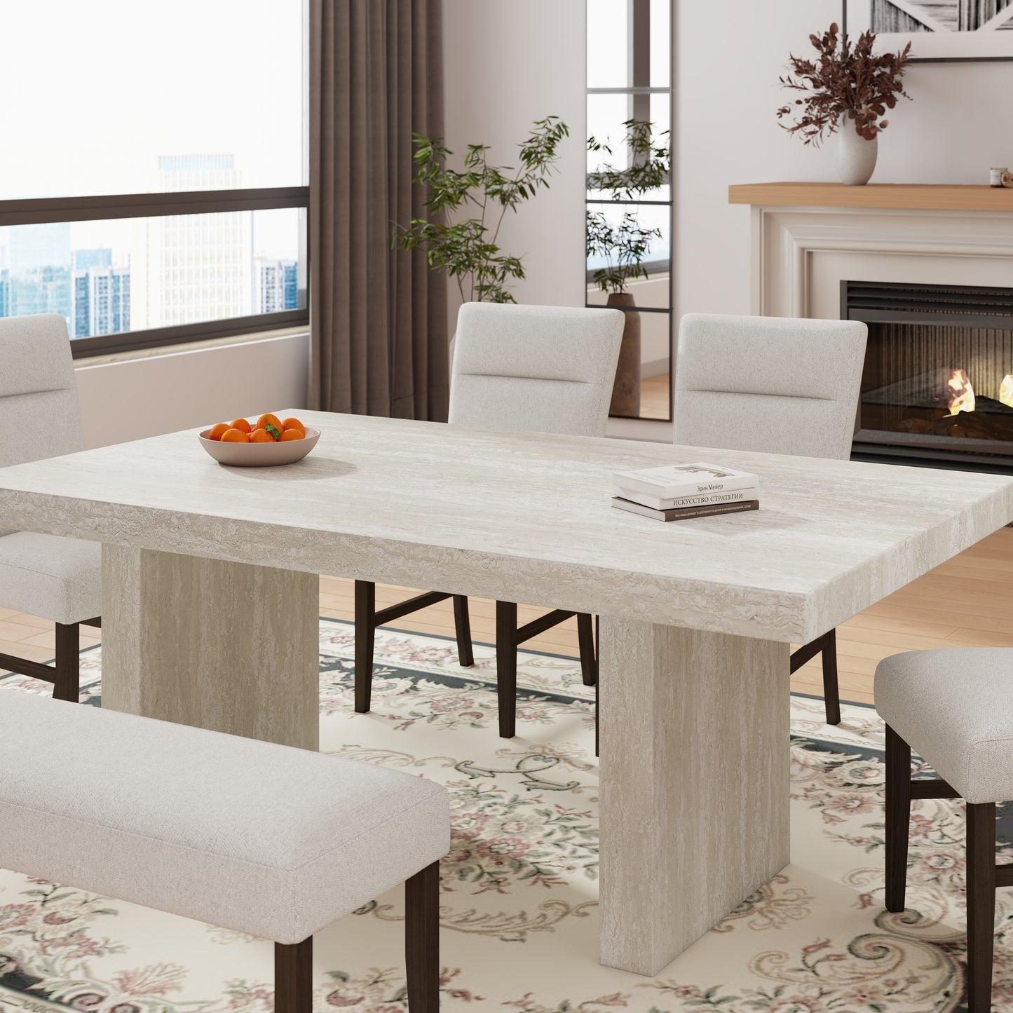 Roundhill Furniture Cavira 6-Piece Modern Dining Set, Faux Marble Dining Table with 4 Chairs and Bench, Gray