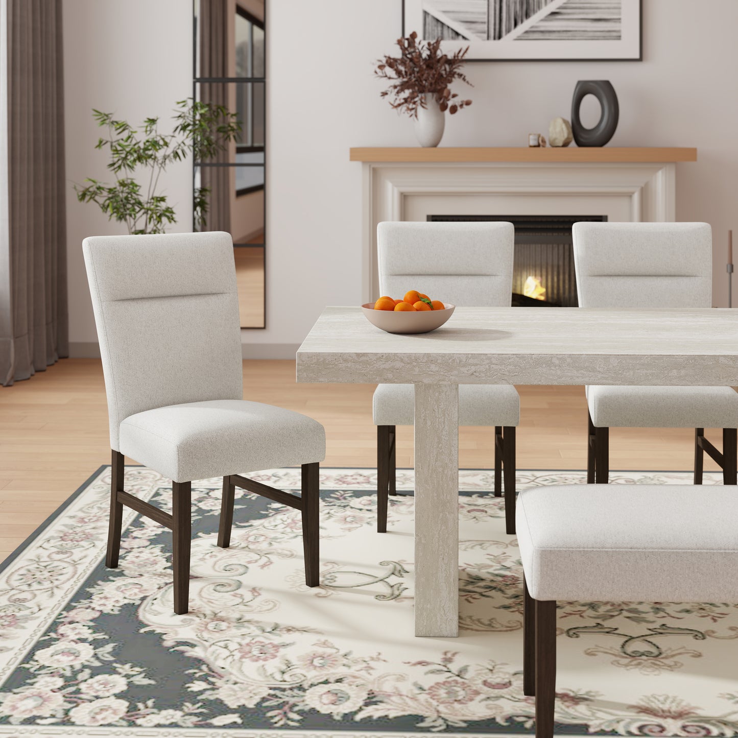 Roundhill Furniture Cavira 6-Piece Modern Dining Set, Faux Marble Dining Table with 4 Chairs and Bench, Gray