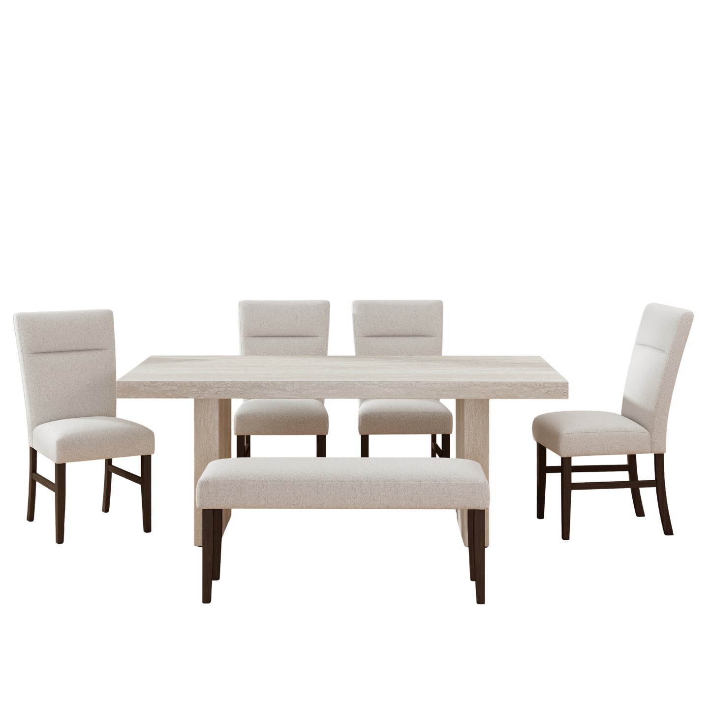 Roundhill Furniture Cavira 6-Piece Modern Dining Set, Faux Marble Dining Table with 4 Chairs and Bench, Gray