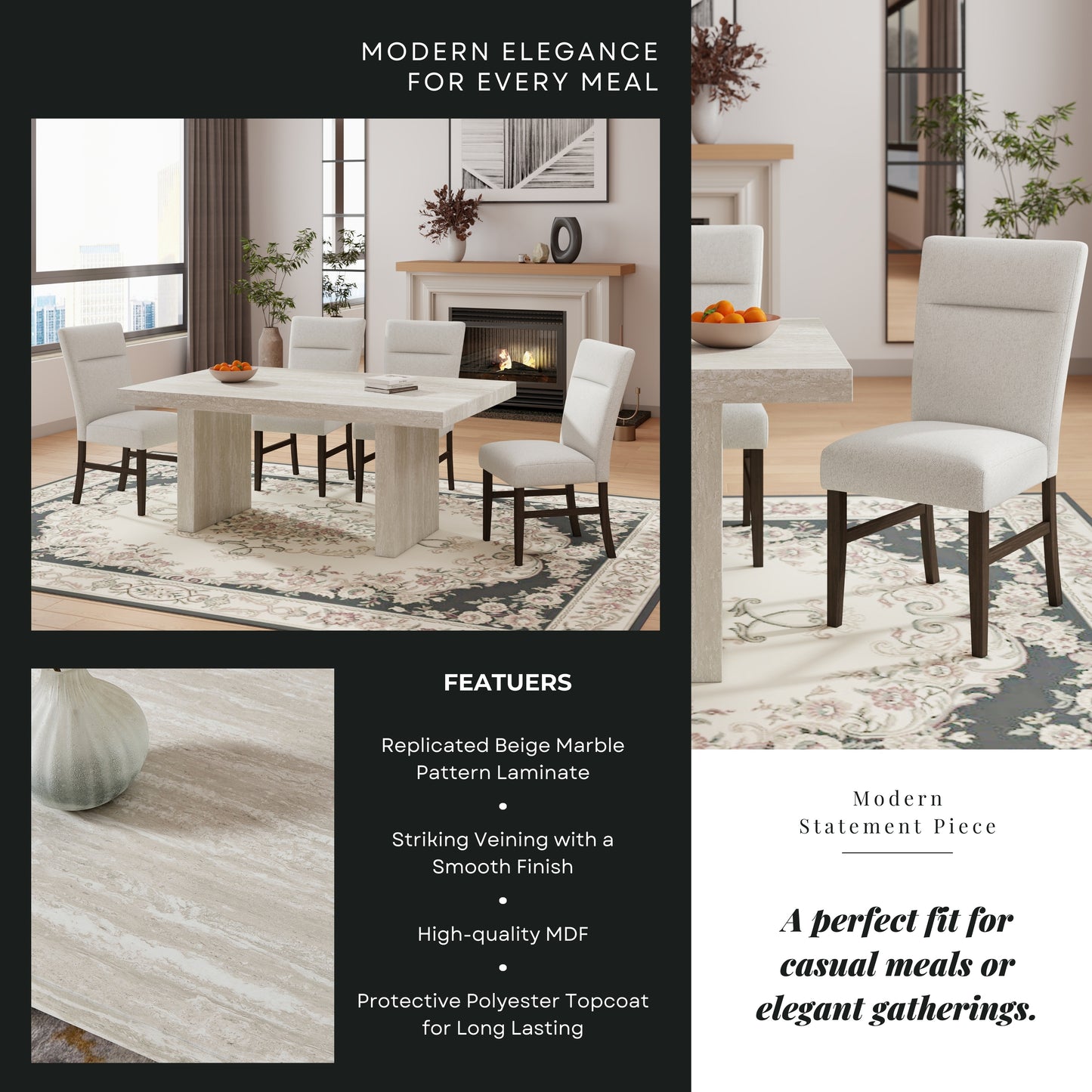 Roundhill Furniture Cavira 5-Piece Modern Dining Set, Faux Marble Dining Table with 4 Chairs, Gray