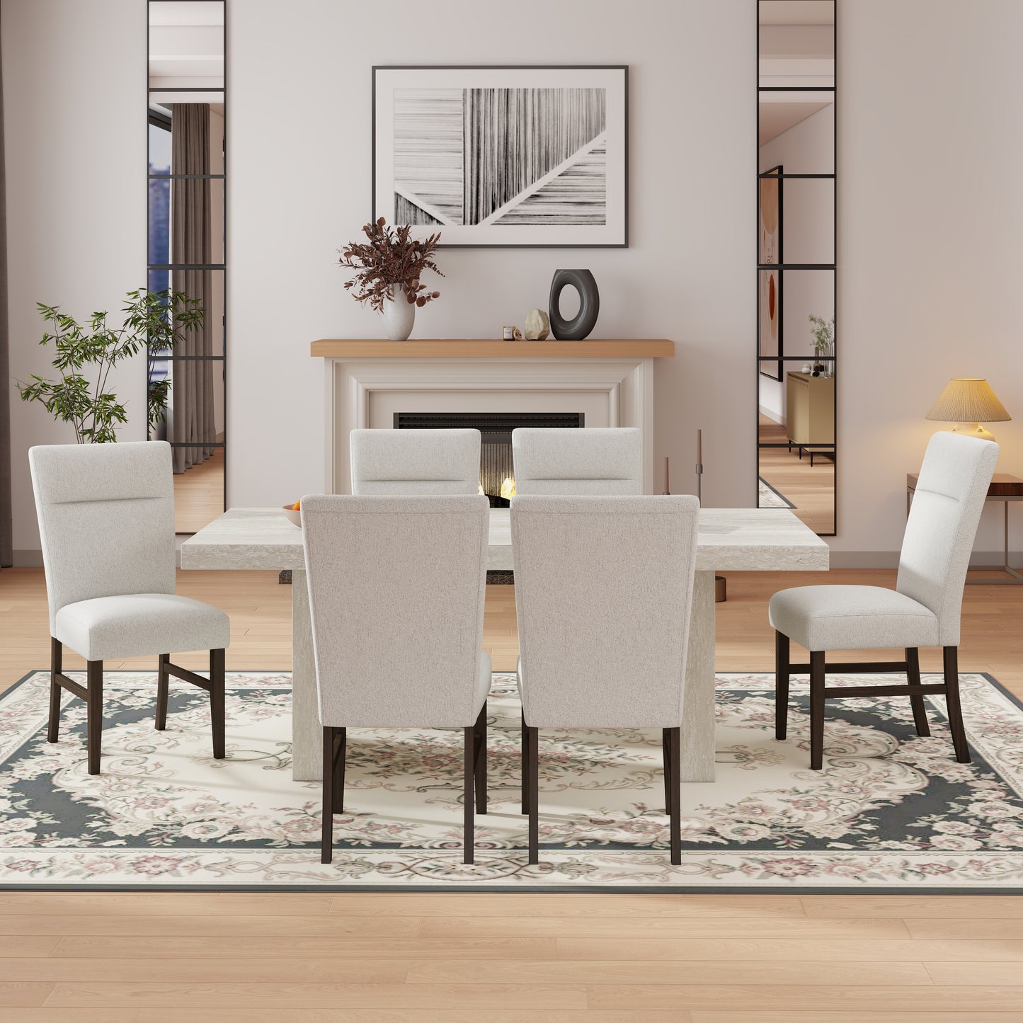 Roundhill Furniture Cavira 7-Piece Modern Dining Set, Faux Marble Dining Table with 6 Chairs, Gray
