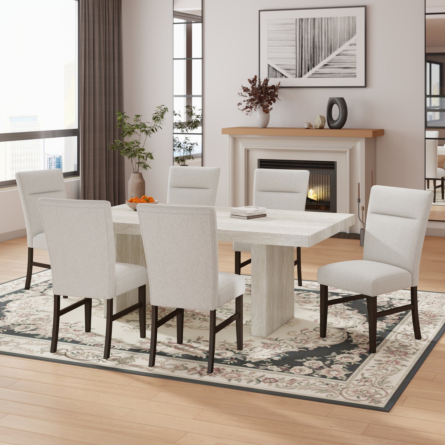 Roundhill Furniture Cavira 7-Piece Modern Dining Set, Faux Marble Dining Table with 6 Chairs, Gray