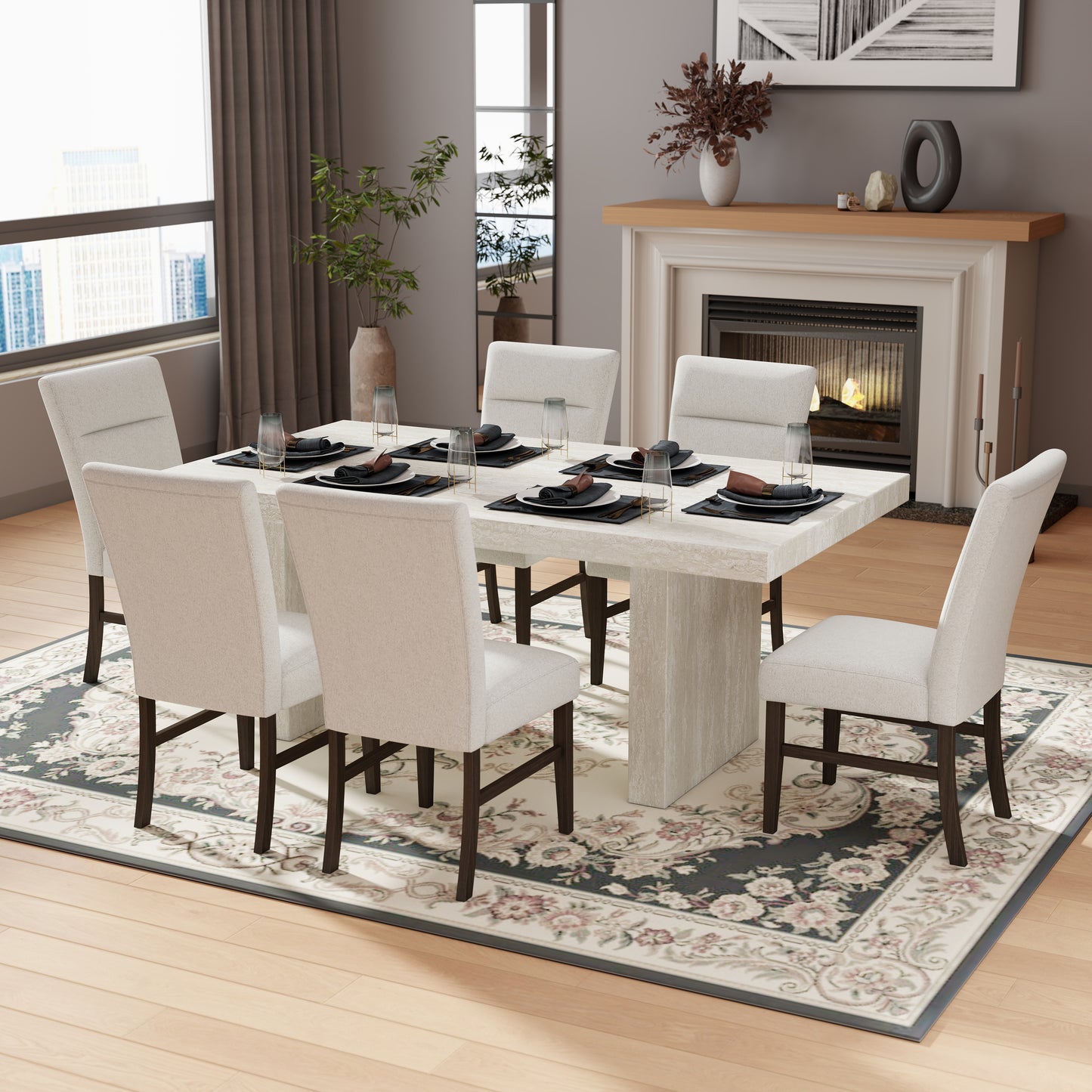 Roundhill Furniture Cavira 7-Piece Modern Dining Set, Faux Marble Dining Table with 6 Chairs, Gray