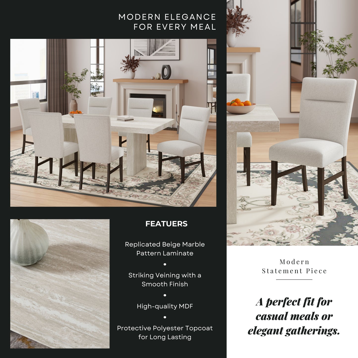 Roundhill Furniture Cavira 7-Piece Modern Dining Set, Faux Marble Dining Table with 6 Chairs, Gray