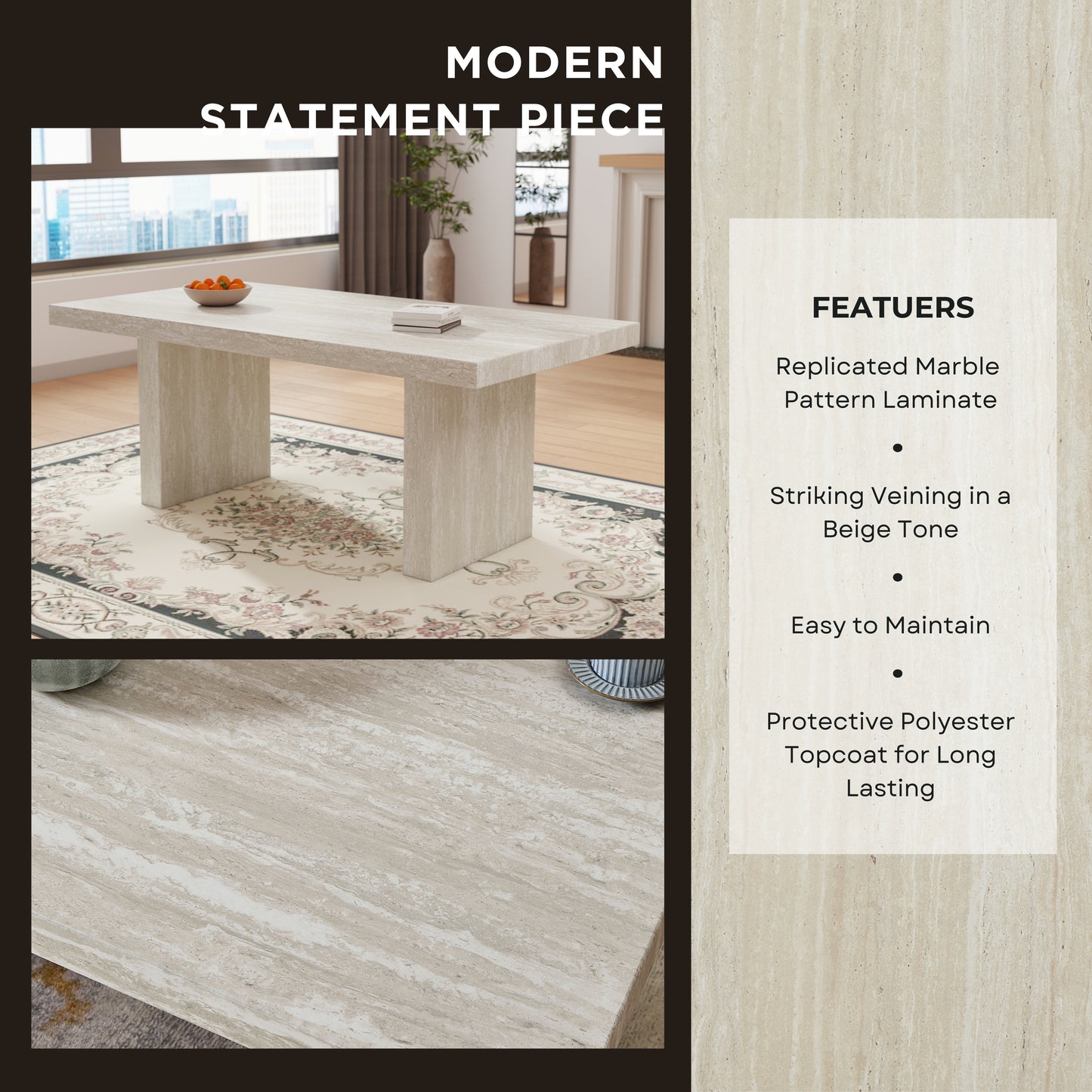 Roundhill Furniture Cavira Modern Faux Marble Dining Table with Double Pedestal Base