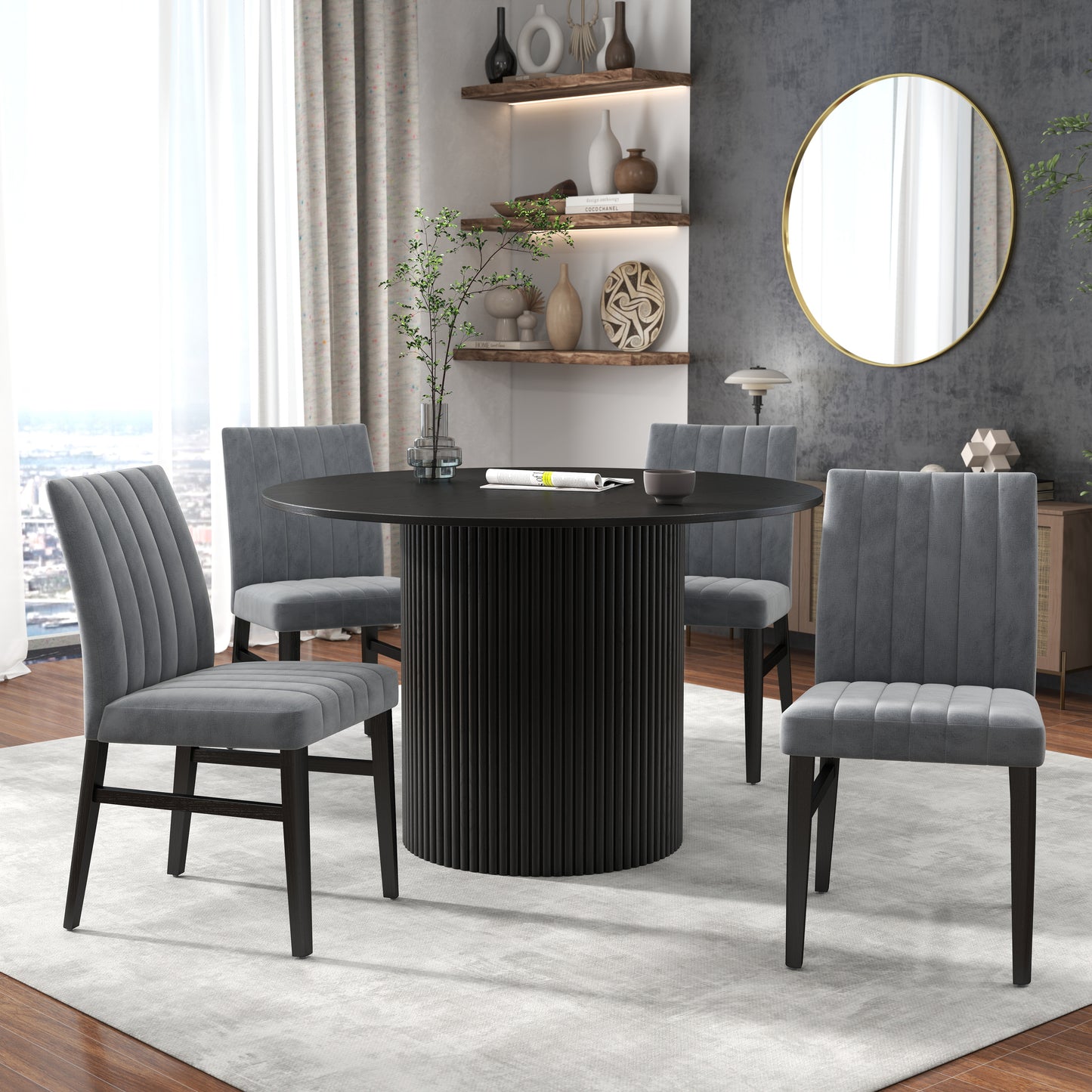 Roundhill Furniture Henriet 5-Piece Pedestal Dining Set, Round Dining Table with Four Chairs