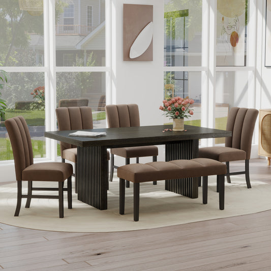 Roundhill Furniture Madison 6-Piece Dining Set, Slat-Fluted Dining Table with 4 Chairs and a Bench, Chocolate