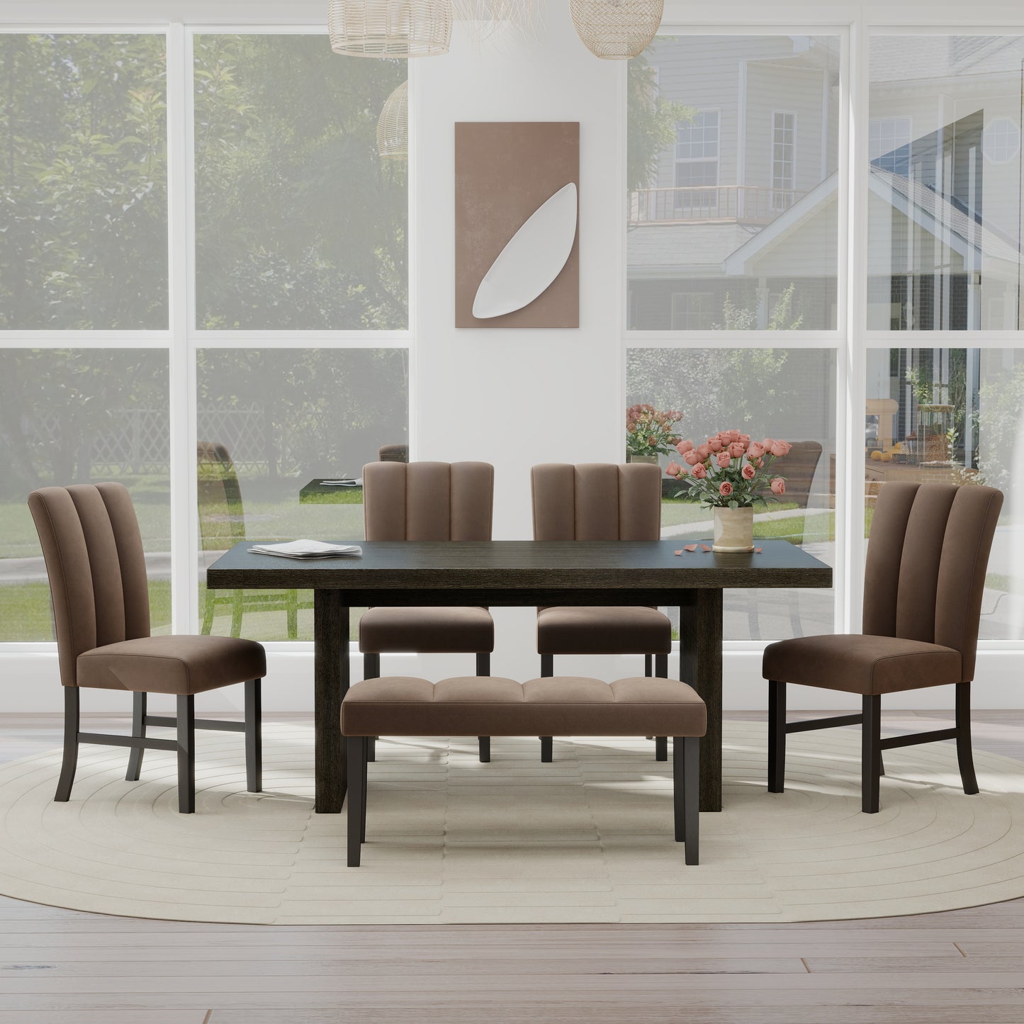 Roundhill Furniture Madison 6-Piece Dining Set, Slat-Fluted Dining Table with 4 Chairs and a Bench, Chocolate