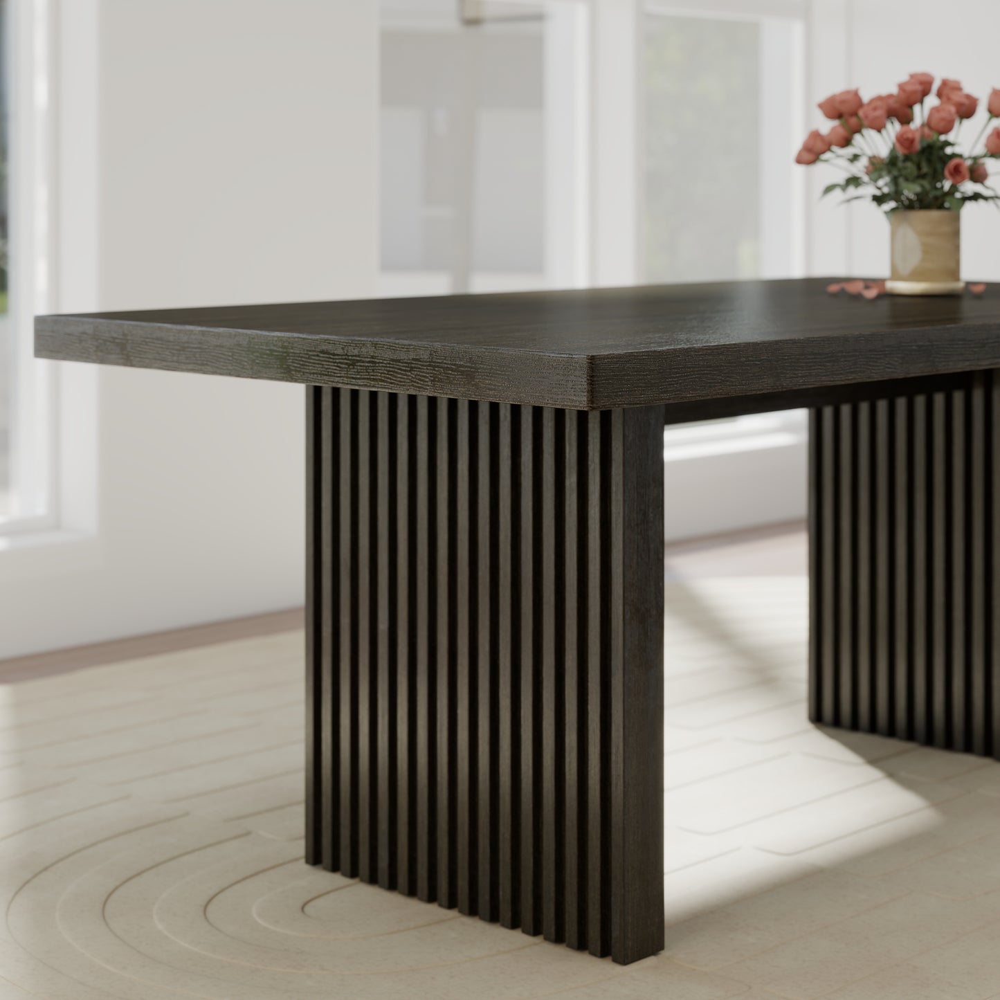 Roundhill Furniture Madison 6-Piece Dining Set, Slat-Fluted Dining Table with 4 Chairs and a Bench, Chocolate