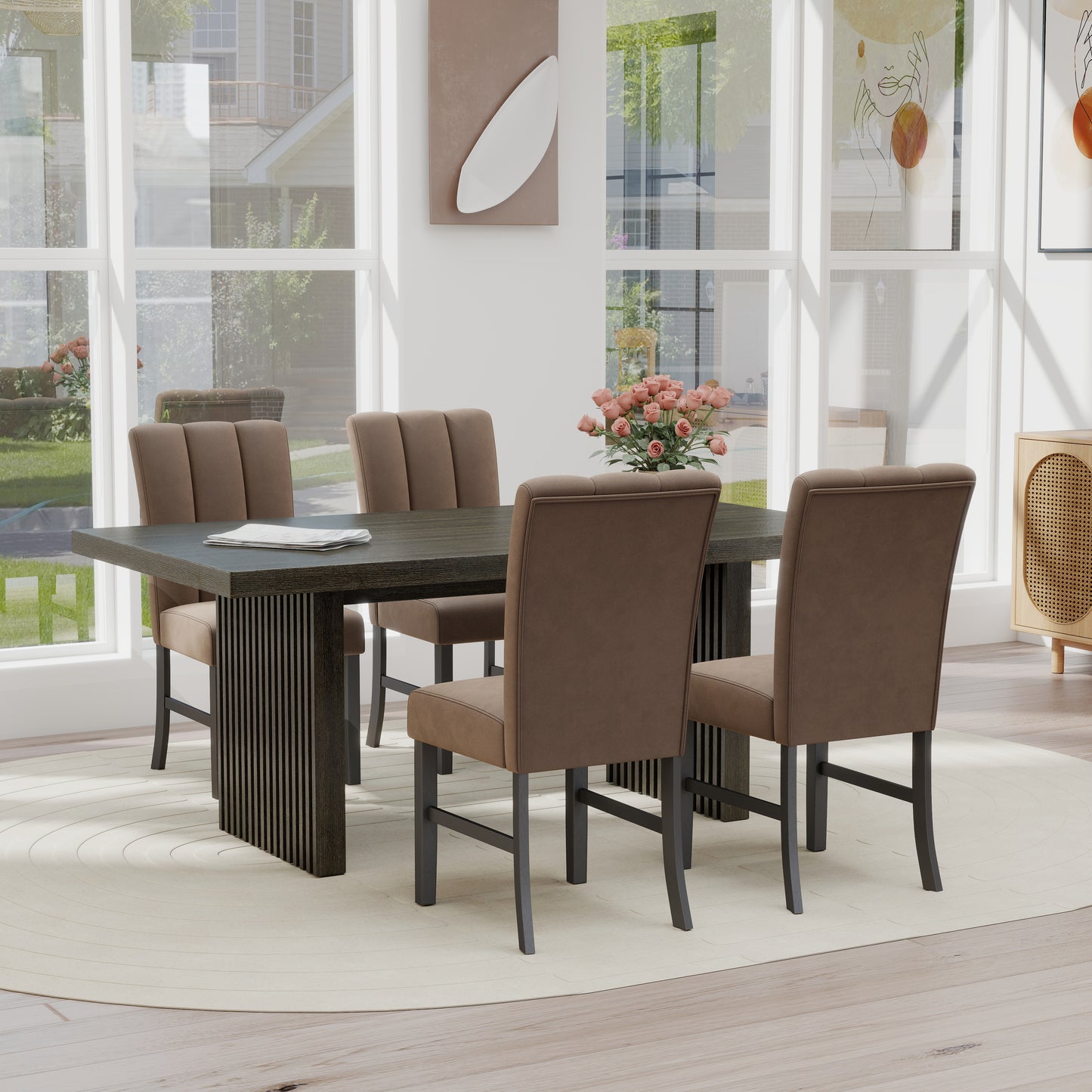 Roundhill Furniture Madison 5-Piece Dining Set, Slat-Fluted Dining Table with 4 Chairs, Chocolate