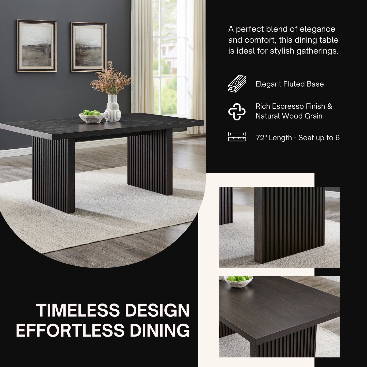 Roundhill Furniture Madison 5-Piece Dining Set, Slat-Fluted Dining Table with 4 Chairs, Chocolate