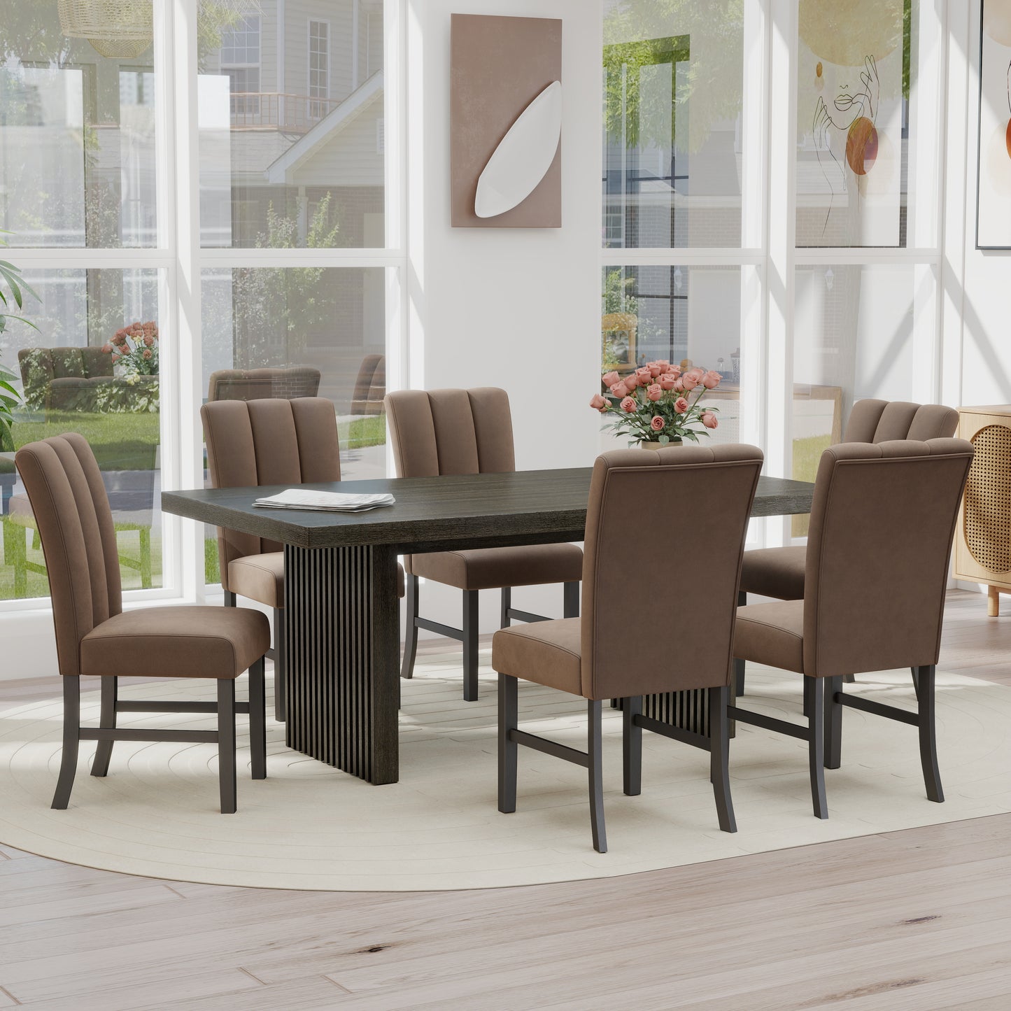 Roundhill Furniture Madison 7-Piece Dining Set, Slat-Fluted Dining Table with 6 Chairs, Chocolate