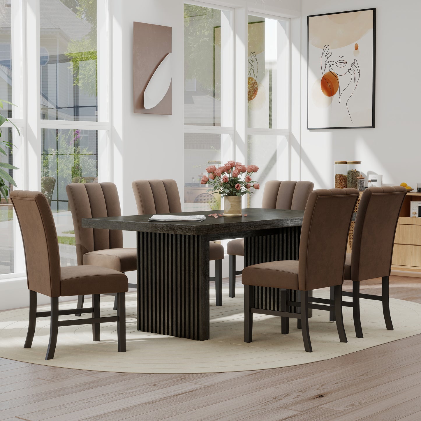 Roundhill Furniture Madison 7-Piece Dining Set, Slat-Fluted Dining Table with 6 Chairs, Chocolate