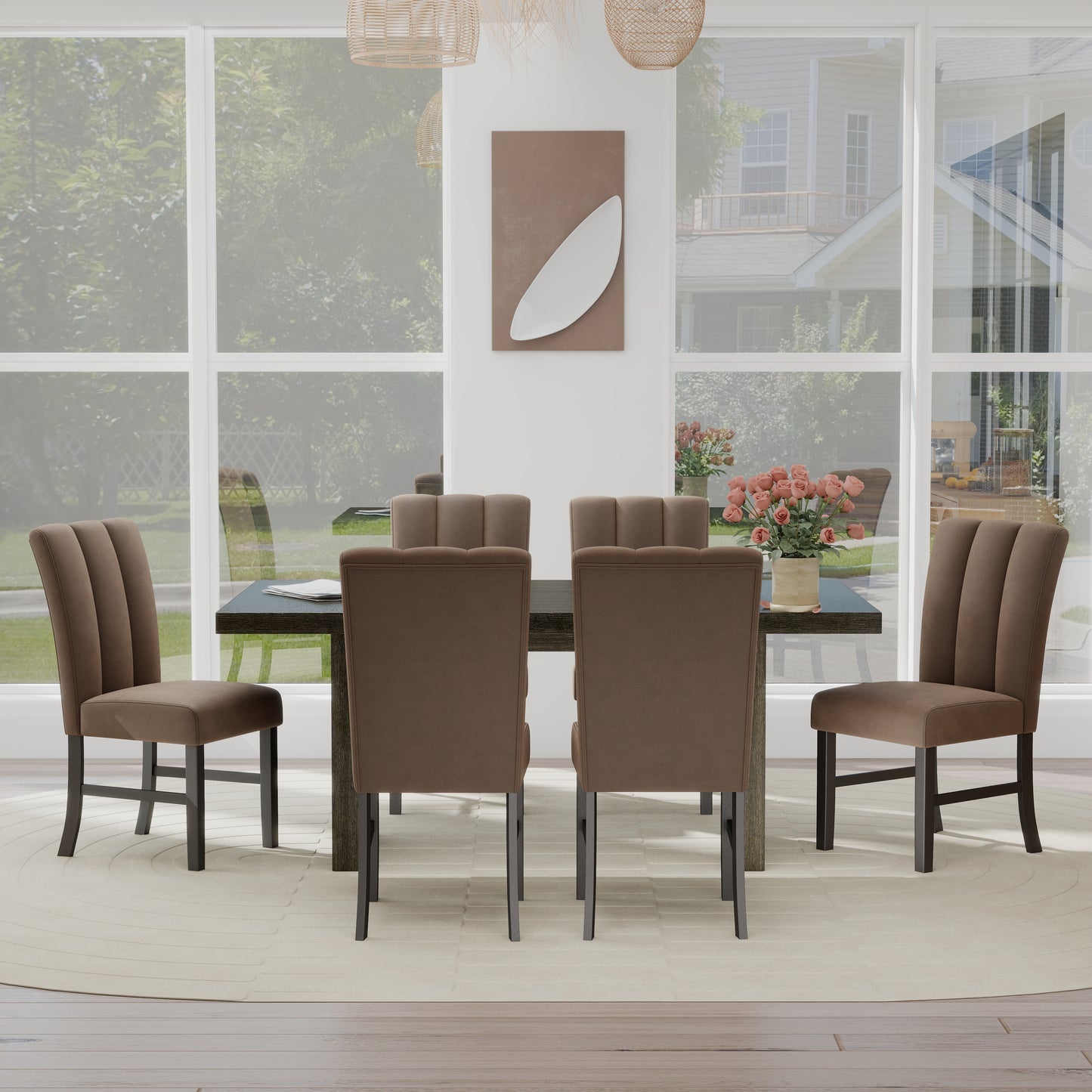 Roundhill Furniture Madison 7-Piece Dining Set, Slat-Fluted Dining Table with 6 Chairs, Chocolate